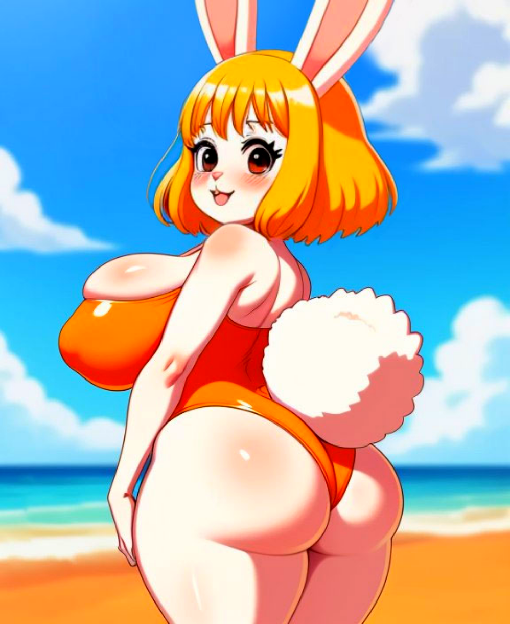 1girl ai_generated ass beach big_breasts blonde_hair blush brown_eyes carrot_(one_piece) female_focus furry one-piece_swimsuit one_piece open_mouth rabbit_ears rabbit_girl rabbit_tail sky swimsuit