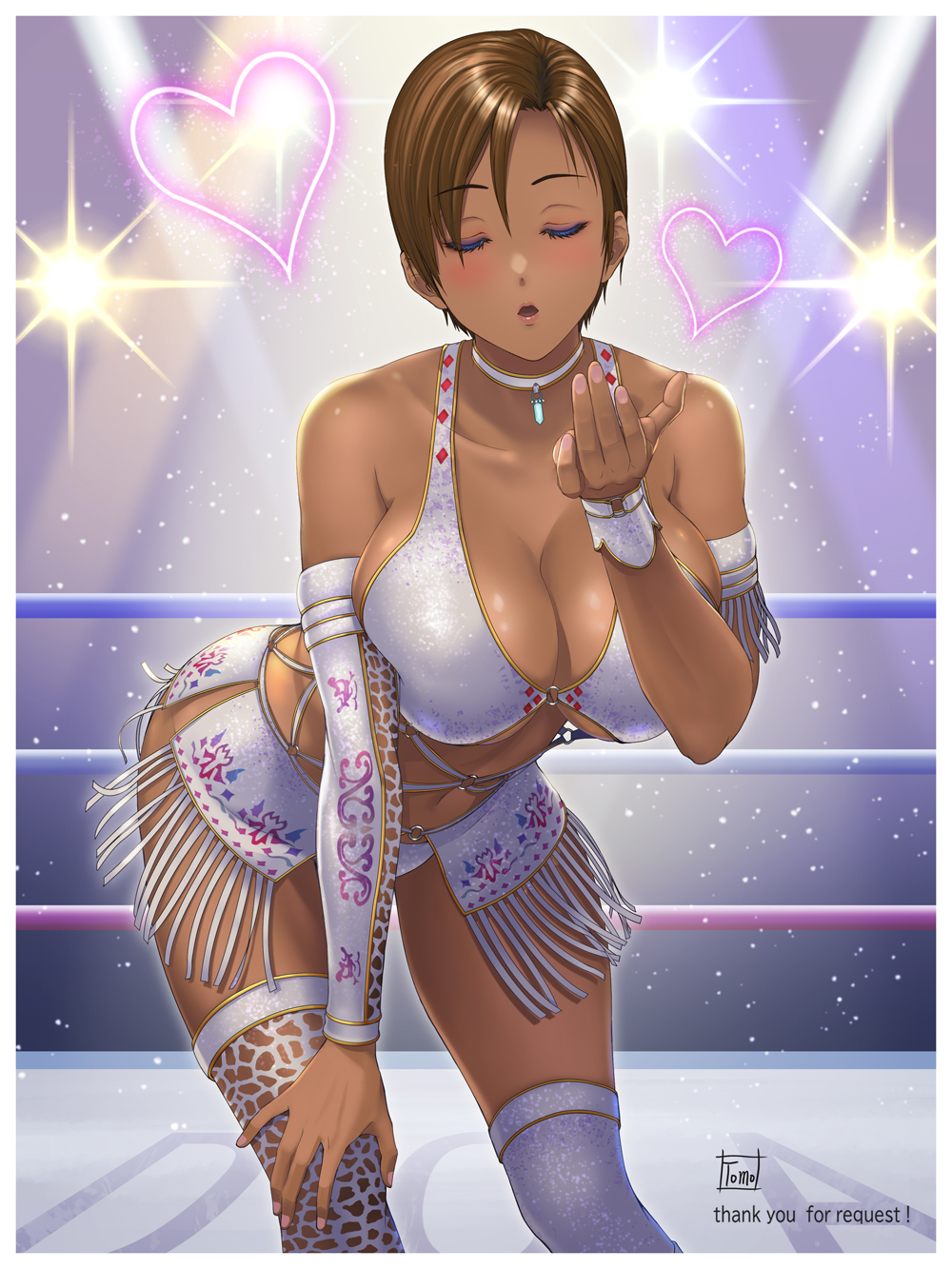 1girl alluring big_breasts bikini bikini_top_only blowing_kiss bow brown_hair choker cleavage closed_eyes dark-skinned_female dark_skin dead_or_alive dead_or_alive_2 dead_or_alive_3 dead_or_alive_4 dead_or_alive_5 dead_or_alive_6 dead_or_alive_xtreme dead_or_alive_xtreme_2 dead_or_alive_xtreme_3 dead_or_alive_xtreme_3_fortune dead_or_alive_xtreme_beach_volleyball dead_or_alive_xtreme_venus_vacation dress hand_on_own_knee high_res la_mariposa_(doa) lisa_hamilton short_hair stockings swimsuit tecmo tomo_eokaiteru white_bikini white_dress white_thighhighs wrestling_outfit wrestling_ring