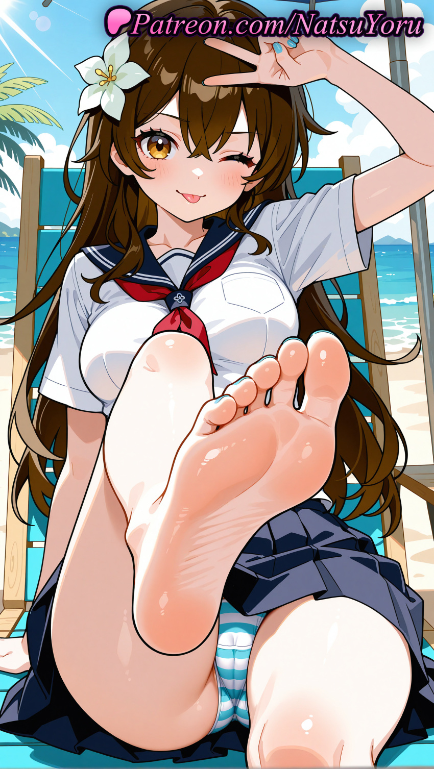 1girl :p ;p ai_generated anime anime_style arm_up asian bangs bare_legs barefoot beach big_breasts blouse blue_nails blue_panties blue_sailor_collar blue_skirt blue_sky blush breasts brown_eyes brown_hair bust cameltoe crossed_bangs day feet female_focus female_only fetish flower foot_fetish foot_focus foot_out_of_frame foot_up foreshortening hair_between_eyes hair_flower hair_ornament hentai leg_lift legs lipstick long_hair looking_at_viewer makeup medium_breasts nail_polish natsuyoru neckerchief ocean one_eye_closed original original_character outside panties pleated_skirt pov_feet presenting_foot red_neckerchief sailor_collar sailor_uniform school_uniform serafuku shirt short_sleeves sitting skirt sky smile soles solo_female striped striped_clothes striped_panties thighs toenail_polish toenails toes tongue tongue_out underwear v voluptuous voluptuous_female water white_flower white_shirt