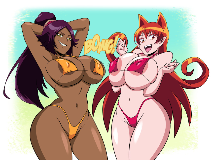 2_girls ameri_azazel big_ass big_breasts bikini bleach cat_ears grimphantom happy nude pose purple_hair red_eyes red_hair welcome_to_demon_school!_iruma-kun yoruichi_shihouin