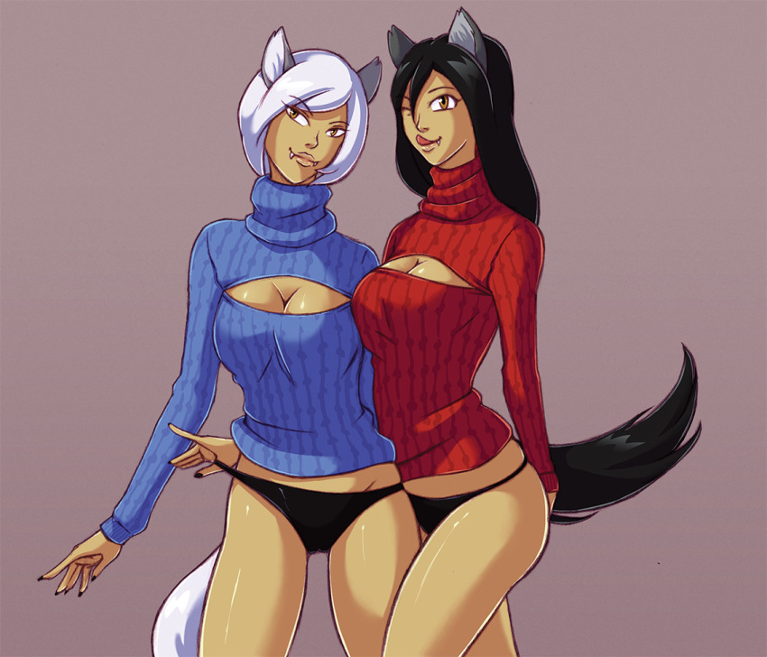 2_girls animal_ears arm_at_side arms_behind_back bare_legs big_breasts black_hair black_panties blue_sweater breasts cleavage cleavage_cutout couple duo eyebrows_visible_through_hair fang hair_between_eyes half-closed_eyes legs licking_lips lips long_hair long_sleeves looking_at_viewer medium_breasts multiple_girls one_eye_closed original panties panty_pull purple_background red_sweater short_hair simple_background smile standing sweater tail tongue tongue_out underwear white_hair wink wolf_ears wolf_girl wolf_tail yuri zelamir