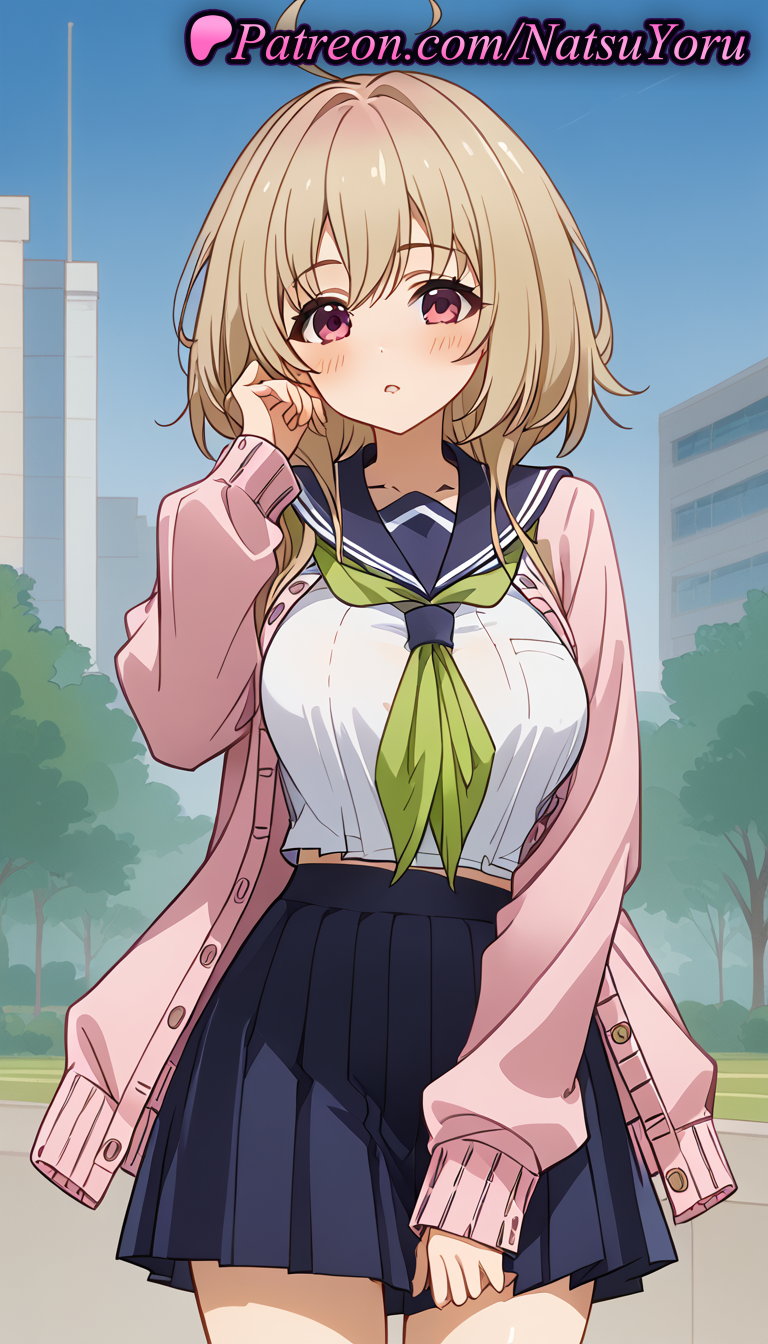 2025 ahoge ai_generated anime anime_style bangs big_breasts blonde_hair blue_sailor_collar blue_skirt blue_sky blush breasts building bust cardigan collarbone cowboy_shot day female_focus green_neckerchief hand_up hentai high_quality high_res high_resolution light_brown_hair long_sleeves looking_at_viewer medium_hair midriff_peek more_at_source my_deer_friend_nokotan natsuyoru neckerchief open_cardigan open_clothes outside parted_lips patreon pink_cardigan pink_eyes pleated_skirt pocket red_eyes sailor_collar sailor_uniform school_uniform serafuku shikanoko_nokonoko_koshitantan shirt skirt sky sleeves_past_wrists stable_diffusion tanukikouji_kinu tree voluptuous voluptuous_female white_shirt