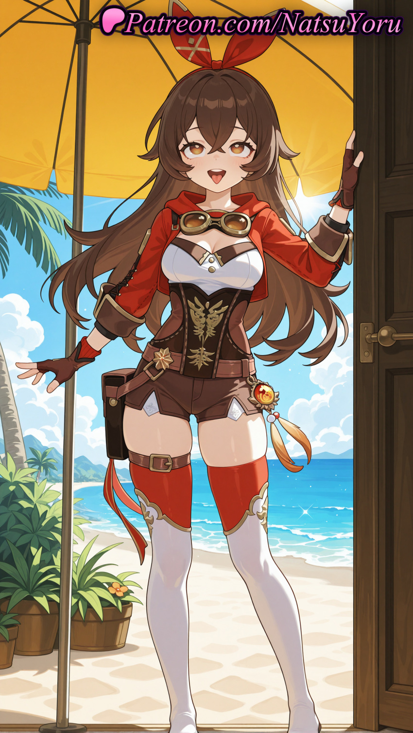 2025 ai_generated amber_(genshin_impact) anime anime_style bangs beach beach_umbrella belt big_breasts blue_sky blush boots breasts brown_belt brown_eyes brown_gloves brown_hair brown_shorts bust cleavage cloud cropped_jacket crossed_bangs day door doorway female_focus fingerless_gloves full_body genshin_impact gloves goggles goggles_around_neck hair_between_eyes hair_bow hair_ribbon hairband heart-shaped_pupils hentai high_quality high_res high_resolution horizon jacket long_hair long_sleeves looking_at_viewer medium_breasts natsuyoru ocean open_door open_mouth outside palm_tree patreon plant potted_plant pouch red_hairband red_jacket red_ribbon red_thighhighs ribbon sand short_shorts shorts shrug_(clothing) sky smile stable_diffusion standing stockings sun symbol-shaped_pupils teeth thigh_high_boots thigh_strap thighhighs_under_boots thighs tongue tongue_out tree umbrella upper_teeth_only vision_(genshin_impact) voluptuous voluptuous_female water white_footwear