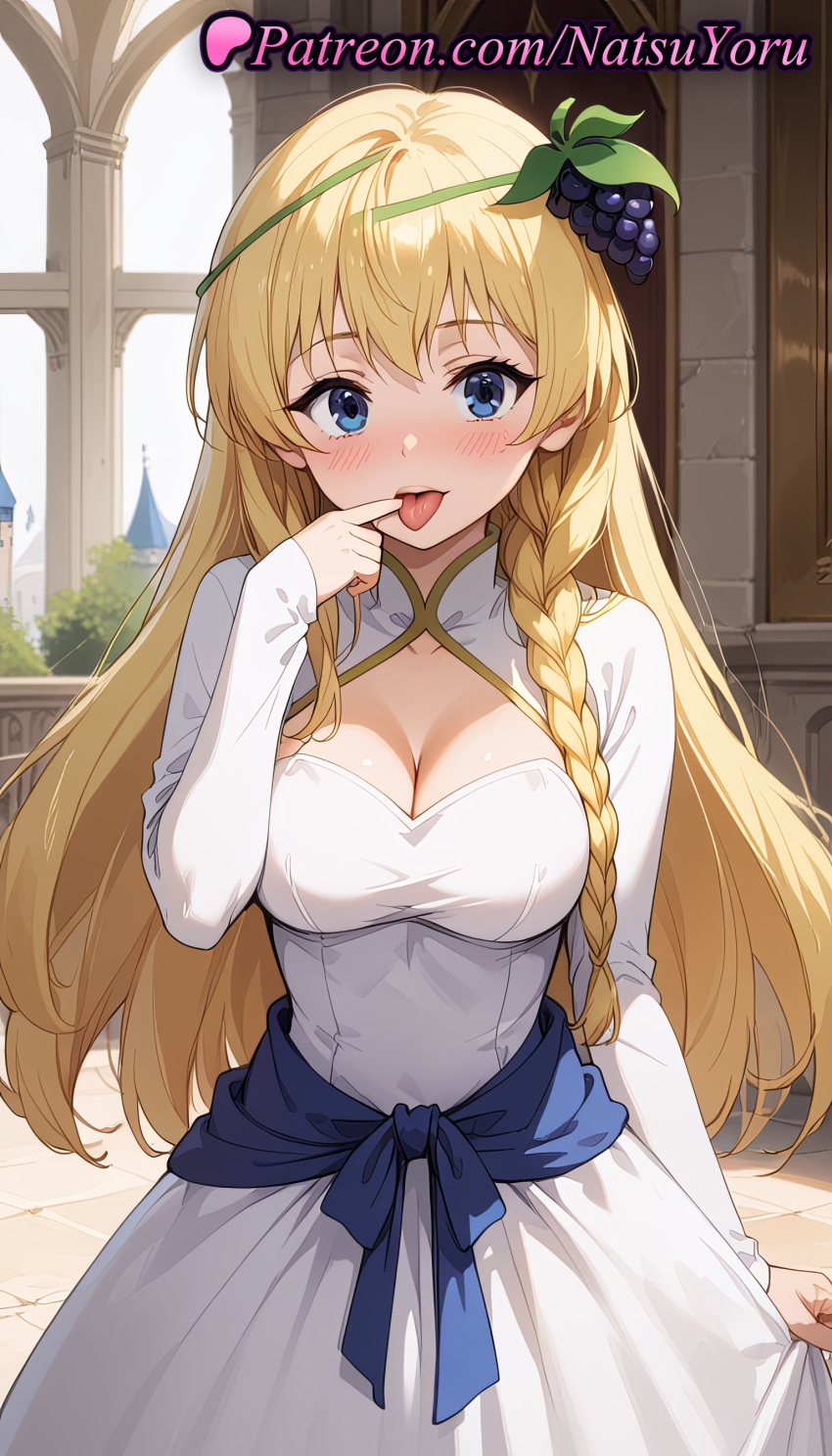 2025 ai_generated anime anime_style arch asian bangs big_breasts blonde_hair blue_eyes blush braid breasts bust cleavage cleavage_cutout clothing clothing_cutout cowboy_shot day dress female_focus finger_to_mouth food food-themed_hair_ornament fruit grapes hair_ornament hentai high_quality high_res high_resolution indoors iris_(konosuba) kono_subarashii_sekai_ni_shukufuku_wo! long_hair long_sleeves looking_at_viewer medium_breasts natsuyoru open_mouth outside patreon sash side_braid single_braid smile stable_diffusion tongue tongue_out very_long_hair voluptuous voluptuous_female white_dress