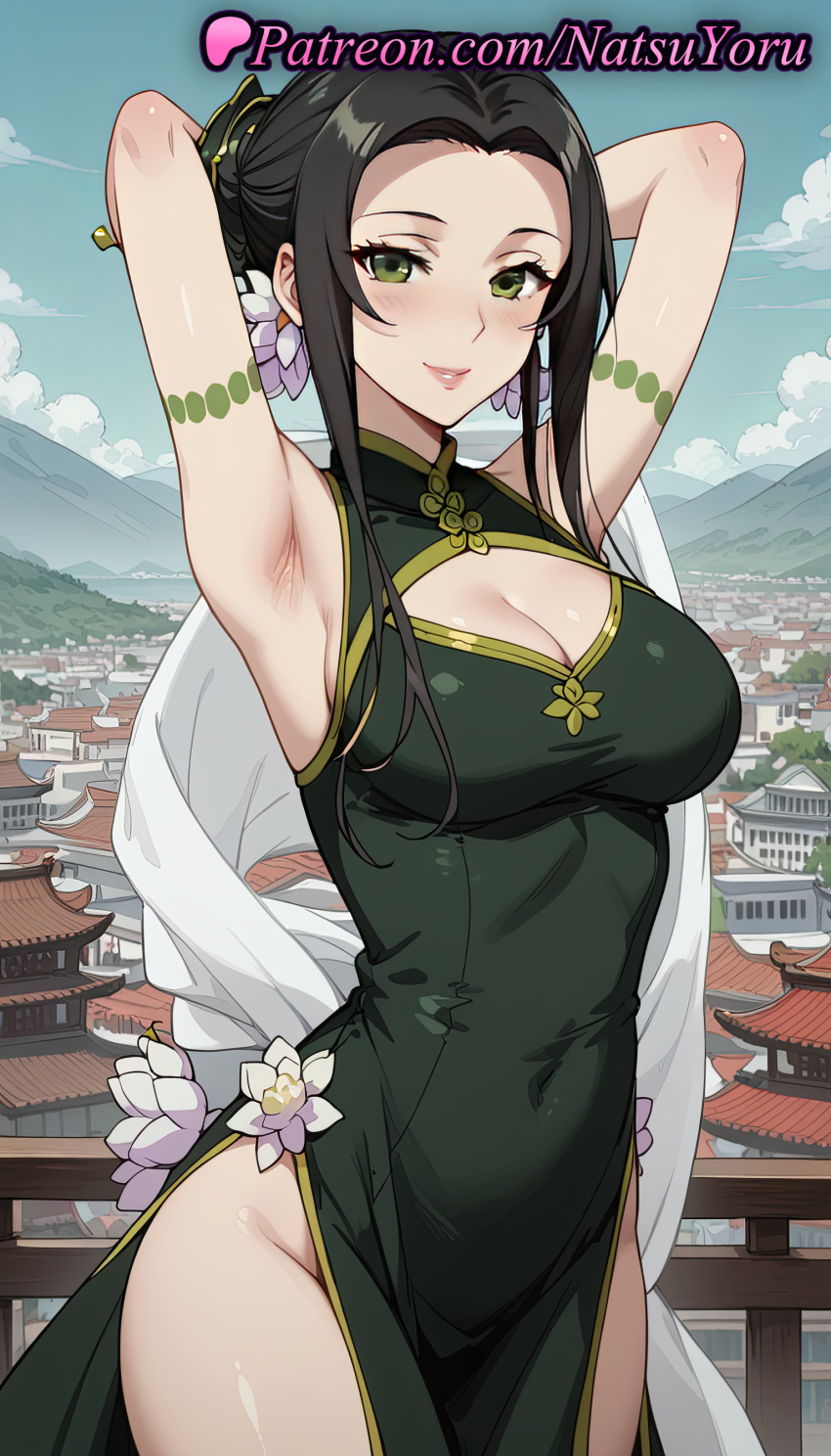 2025 ai_generated anime anime_style architecture armband armlet armpit armpits arms_behind_head arms_up bare_shoulders big_breasts black_hair blue_sky blush breasts building bust china_dress chinese_clothes cleavage cleavage_cutout closed_mouth clothing_cutout cloud covered_navel cowboy_shot day dress earrings east_asian_architecture female_focus flower flowers green_dress green_eyes hair_bun hair_flower hair_ornament hentai high_quality high_res high_resolution jewelry lips long_hair looking_at_viewer makeup mountain mountainous_horizon natsuyoru ost_horai outside parted_lips patreon pelvic_curtain railing shawl side_slit sidelocks single_hair_bun sky sleeveless sleeveless_dress smile stable_diffusion tate_no_yuusha_no_nariagari the_rising_of_the_shield_hero thighs voluptuous voluptuous_female