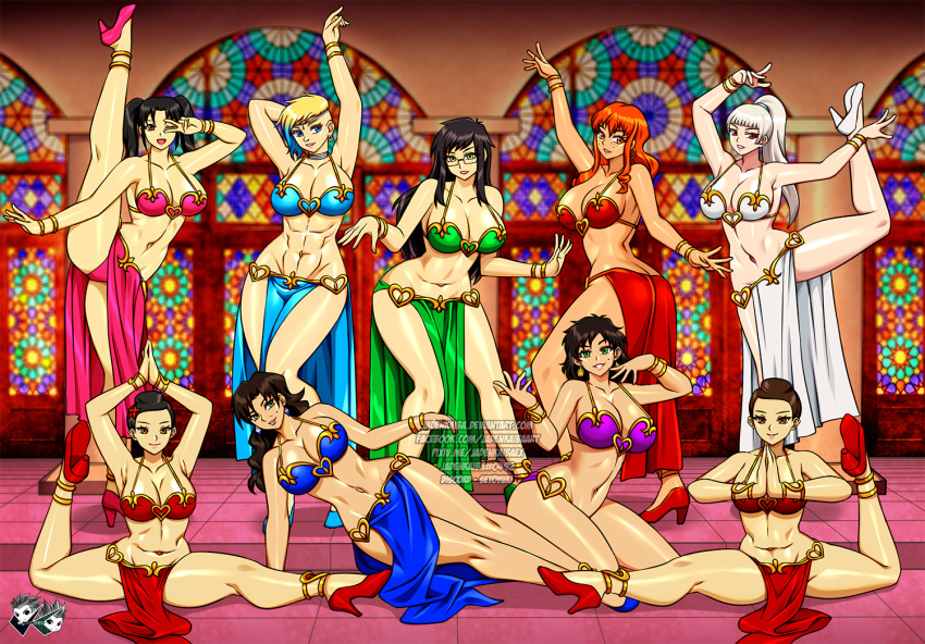 9girls abs alluring athletic_female belly_dancer belly_dancer_outfit big_breasts black_hair blonde_hair blue_hair brown_hair cleavage dancer dancer_outfit dancing female_abs fit_female glasses harem harem_girl harem_outfit high_heels jadenkaiba loincloth multiple_girls orange_hair original original_characters