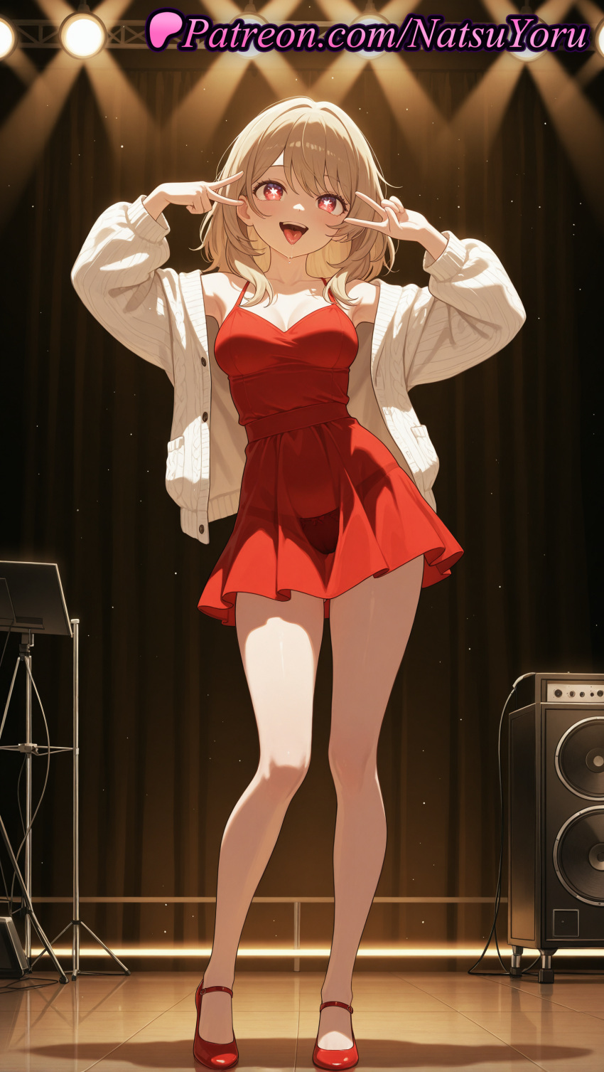 ai_generated amplifier anime anime_style arms_up bangs bare_legs bare_shoulders big_breasts blonde_hair blush breasts brown_hair bust cardigan cleavage clothing collarbone double_v double_v_over_eyes dress female_focus footwear full_body heart heart-shaped_pupils hentai high_heels high_quality high_res high_resolution indoors jacket legs long_hair long_sleeves looking_at_viewer medium_breasts medium_hair natsuyoru off_shoulder open_cardigan open_clothes open_jacket open_mouth oshi_no_ko patreon pink_eyes red_dress red_eyes red_footwear saitou_miyako shoes short_dress short_hair sleeveless sleeveless_dress smile spaghetti_strap speaker spotlight stage stage_lights standing symbol-shaped_pupils teeth thighs tongue tongue_out upper_teeth_only v v_over_eye voluptuous voluptuous_female white_cardigan white_jacket