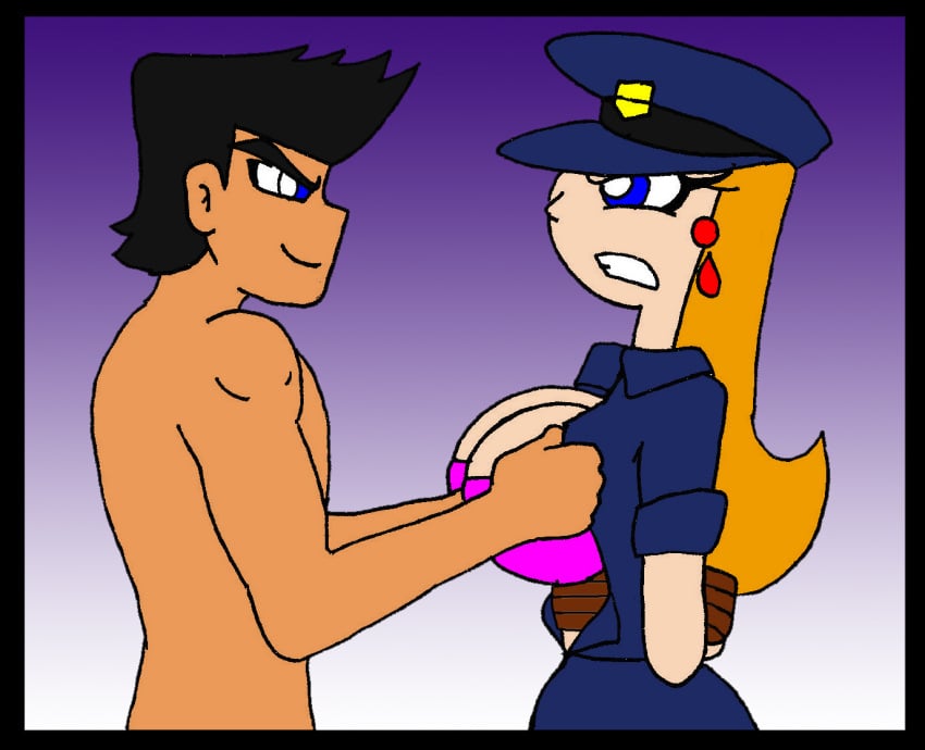 1boy 1girl blue_eyes bra breasts candace_flynn disney disney_channel ferozyraptor orange_hair original_character phineas_and_ferb police_uniform tied_hands