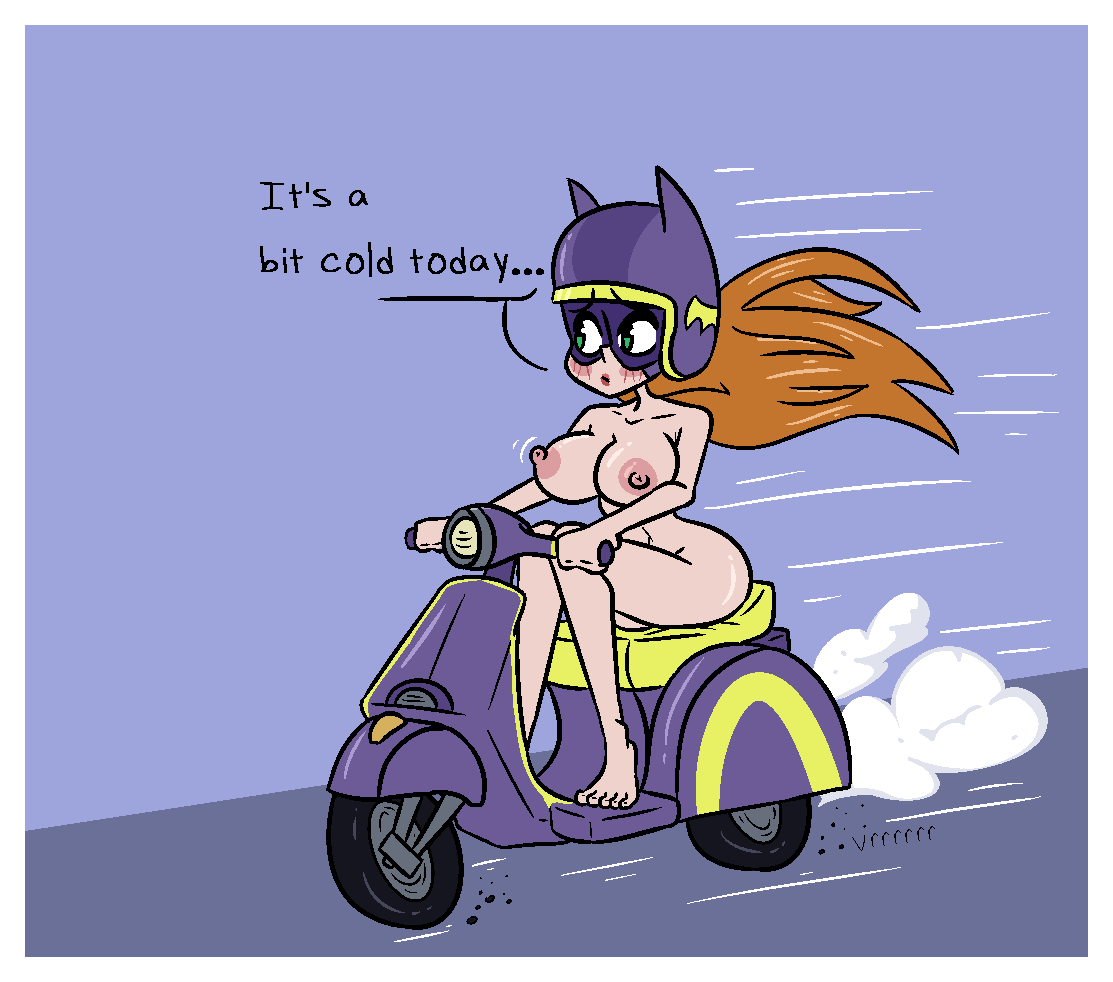 1girl 1girl 1girl areola barbara_gordon barefoot batgirl big_breasts blue_eyes breasts cold completely_nude completely_nude_female dc_comics dc_comics dc_super_hero_girls english_text female_only full_body helmet human long_hair looking_to_the_side motorcycle naked_female nipples nude nude nude_female orange_hair pale_skin sitting sitting_on_motorcycle solo_female strawberriexe text vespa_(vehicle)