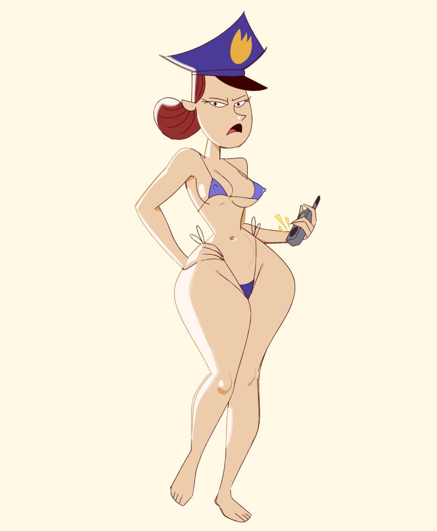 1girl 1girl 1girl bikini breasts brown_hair cartoon_network come_one_kamal digital_media_(artwork) fhfif_cop foster's_home_for_imaginary_friends hair half-closed_eyes holding lips nipple_bulge officer_jones police police_hat policewoman thick_thighs wide_hips