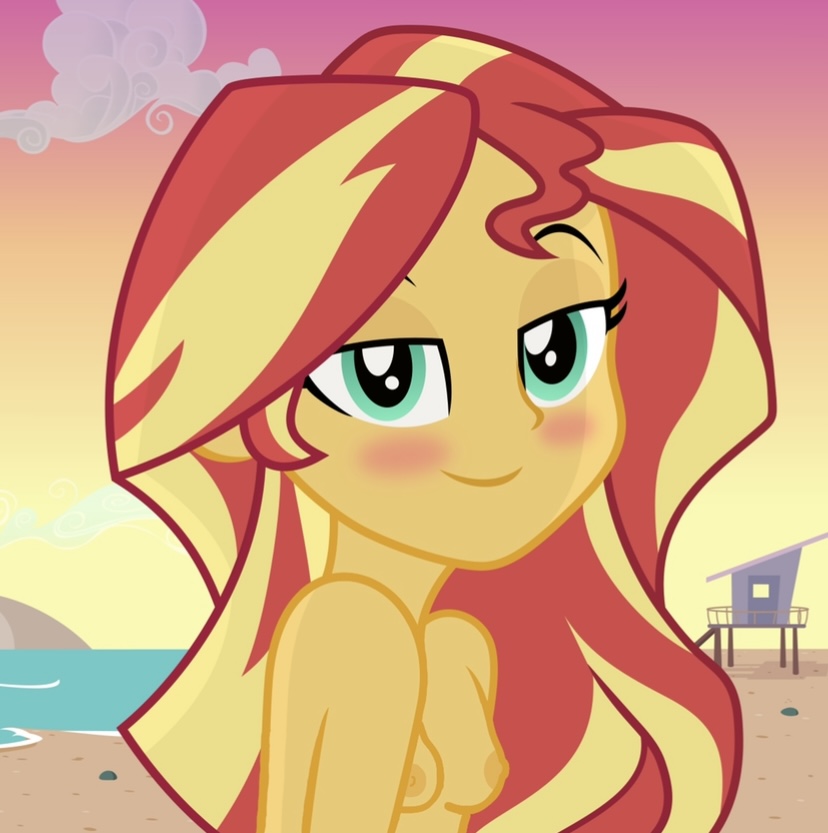 1girl beach bedroom_eyes blonde_hair blush breasts cloud equestria_girls female_only grin kingdark0001 looking_at_viewer my_little_pony nipples nude nude_beach older older_female small_breasts sunset sunset_shimmer young_adult young_adult_female young_adult_woman