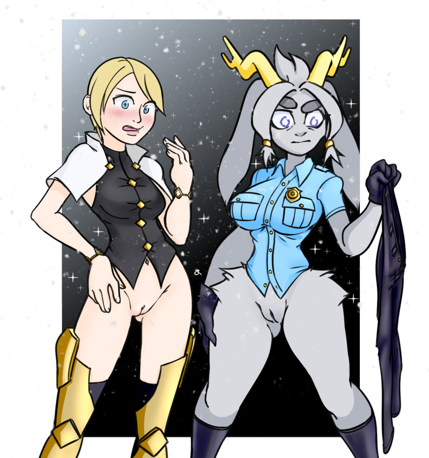 2024 2_girls alternate_costume anthro antlers armor big_breasts blonde_hair blue_eyes blush bottomless bovid bracelet breasts caprine clothing clothing_swap crossover cybil_bennett duo embarrassed exposed_pussy eyelashes floppy_ears fur genitals gloves goat grey_body grey_fur hair hand_on_hip handwear high_res human hybrid indigo_eyes jackalope konami lagomorph light-skinned_female lop_ears mammal name_connection navel open_mouth outfit_swap police police_uniform pseudoregalia pussy rabbit rasenxoru short_hair silent_hill simple_background socks sparkles sybil_(pseudoregalia) thick_thighs uniform white_background wide_hips yellow_horn