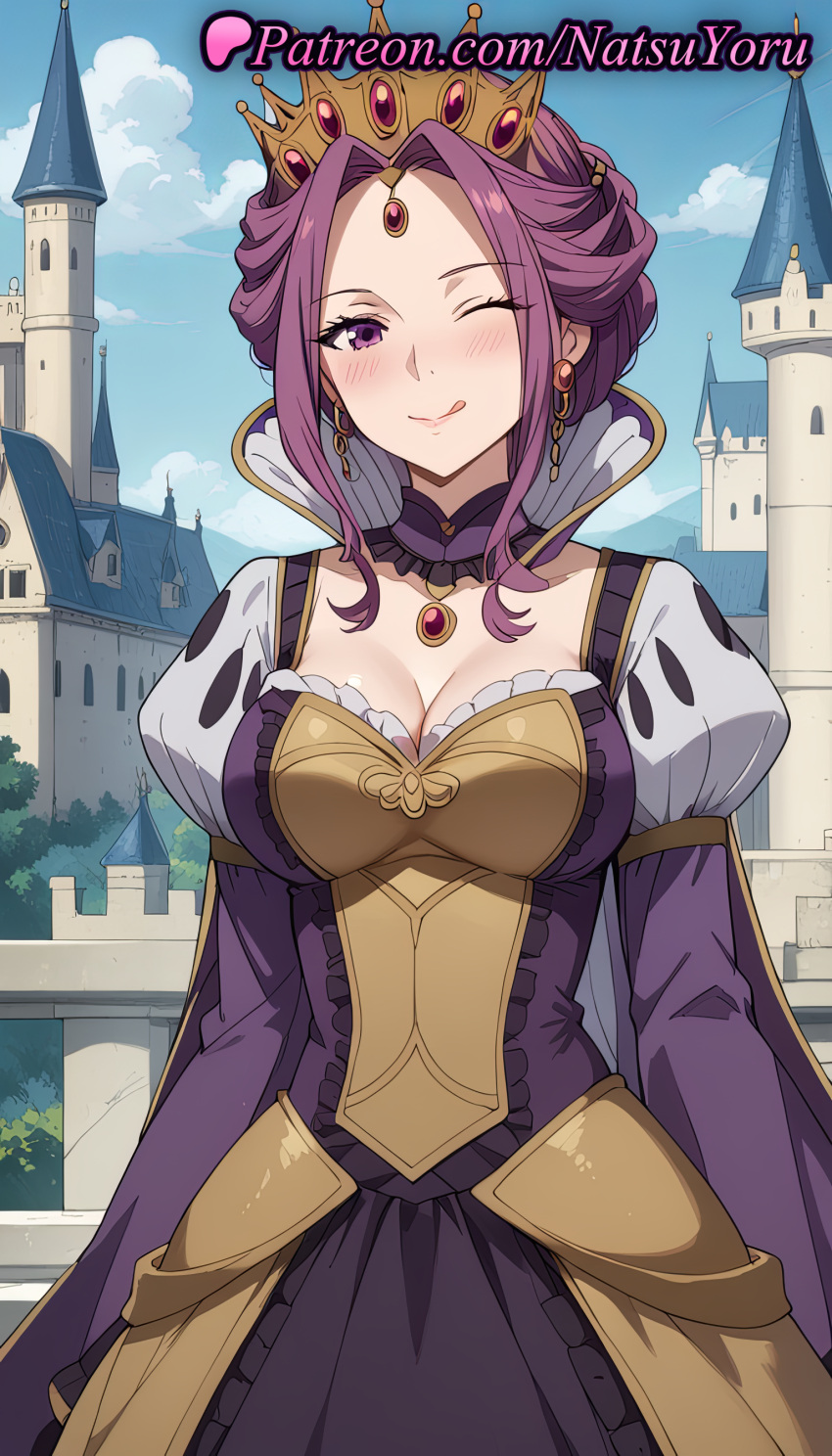 2025 ai_generated anime anime_style armor big_breasts blue_sky blush breasts bust castle choker cleavage closed_mouth cloud corset crown day dress earring earrings female_focus frills gem hair_bun hentai high_quality high_res high_resolution jewelry juliet_sleeves long_sleeves looking_at_viewer mature_female mirelia_q_melromarc natsuyoru one_eye_closed outside parted_bangs patreon puffy_sleeves purple_dress purple_eyes purple_hair sky smile stable_diffusion tate_no_yuusha_no_nariagari the_rising_of_the_shield_hero tiara tongue tongue_out voluptuous voluptuous_female