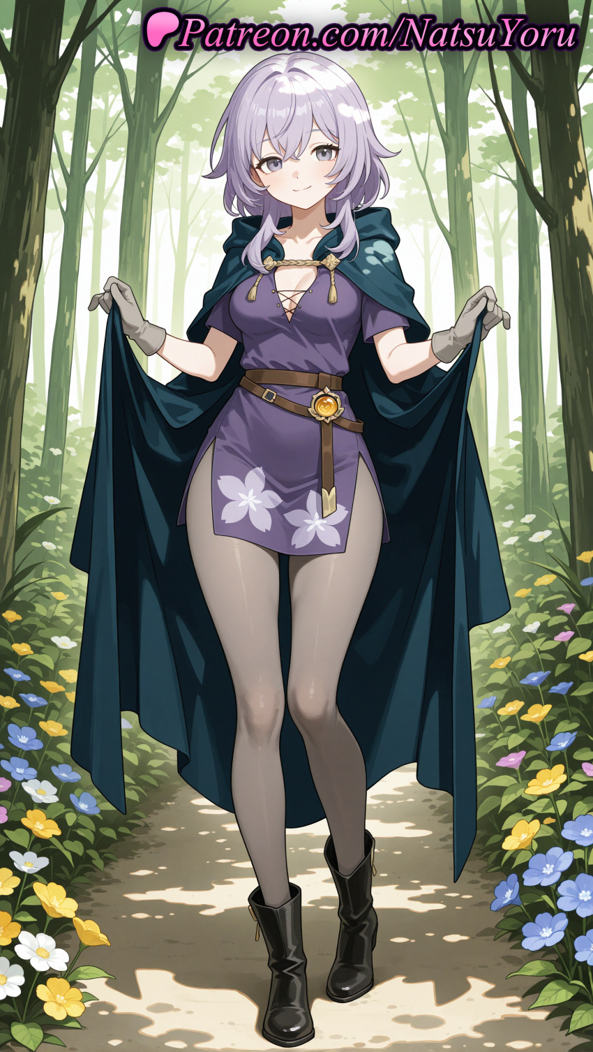 2025 ai_generated anime anime_style bangs belt big_breasts black_footwear blue_flower boots breasts brown_belt brown_eyes bust cape cleavage cloak closed_mouth collarbone company_name day dress female_focus floral_print flower forest front_view full_body gloves green_cape grey_eyes grey_gloves grey_hair grey_pantyhose hair_between_eyes hentai high_quality high_res high_resolution hood hood_down hooded_cape hooded_cloak legs looking_at_viewer medium_breasts medium_hair natsuyoru nature oc original original_character outside pantyhose patreon plant purple_dress purple_eyes purple_flower purple_hair short_dress short_sleeves side_slit sidelocks smile stable_diffusion standing thighs tree voluptuous voluptuous_female white_flower yellow_flower