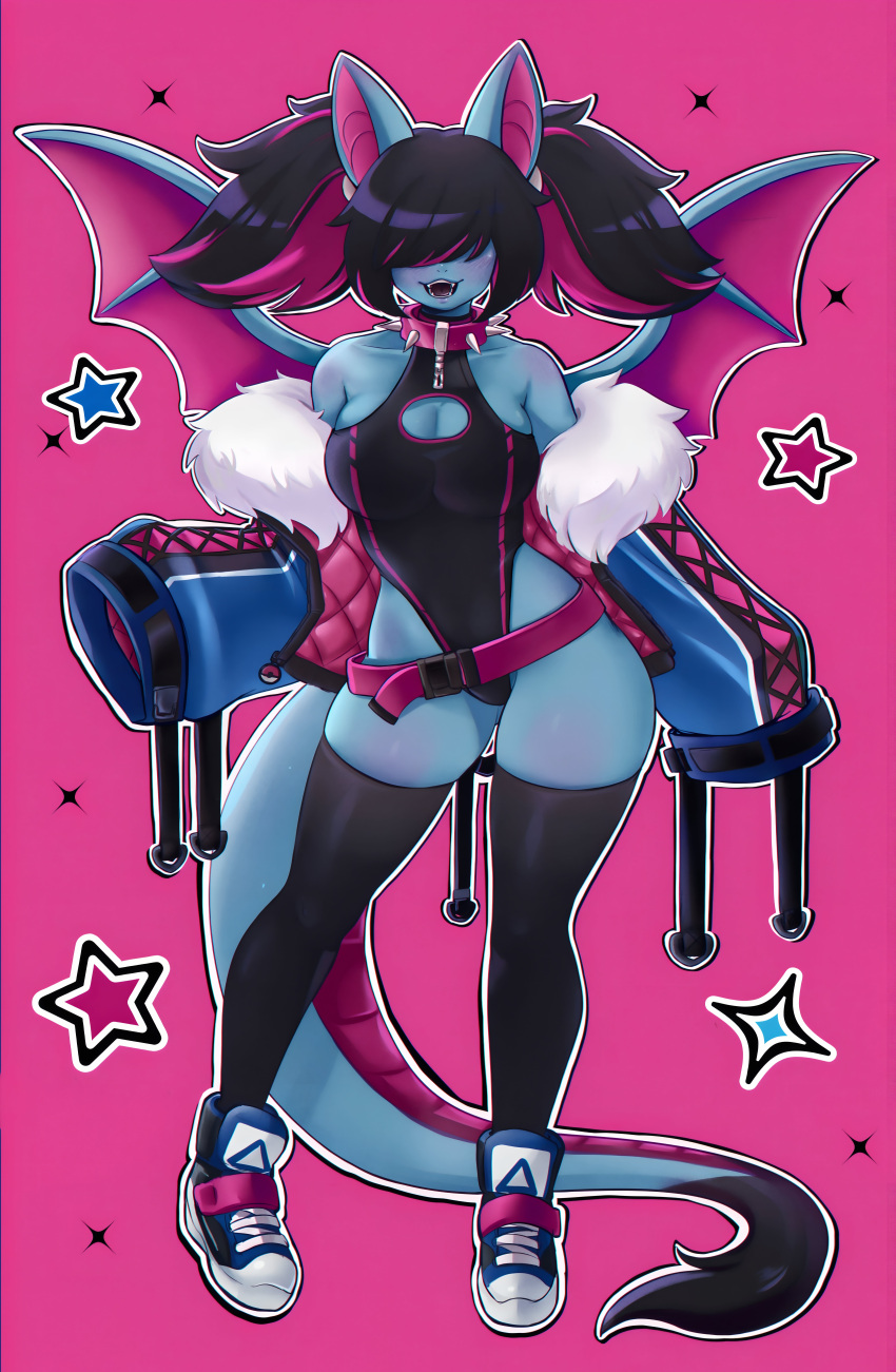 berrycreme big_ass black_hair blue_skin breasts cute jacket long_ears long_hair seductive sexy stars swimsuit tail tennis_shoes thighs wings zubat