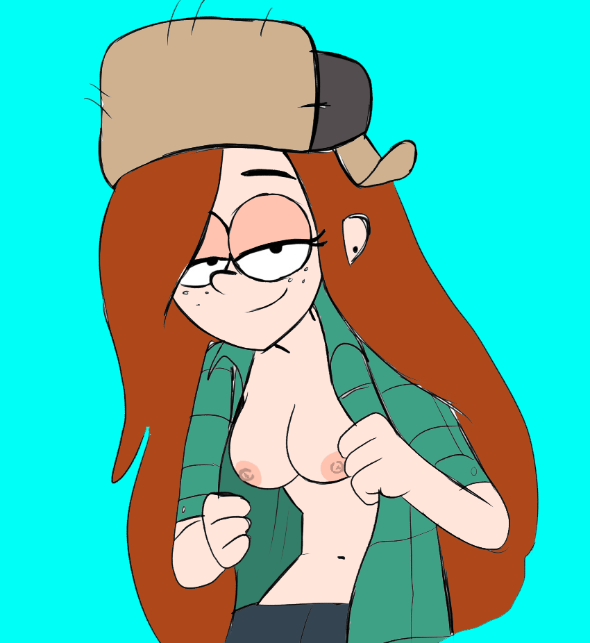 +wendy_corduroy 2025 2d 2d_animation 2d_artwork bedroom_eyes blue_background breasts color colored disney disney_xd gravity_falls grin hat inkershike looking_at_viewer nipples no_bra pants presenting presenting_breasts seductive seductive_eyes seductive_smile shirt smile smiling_at_viewer