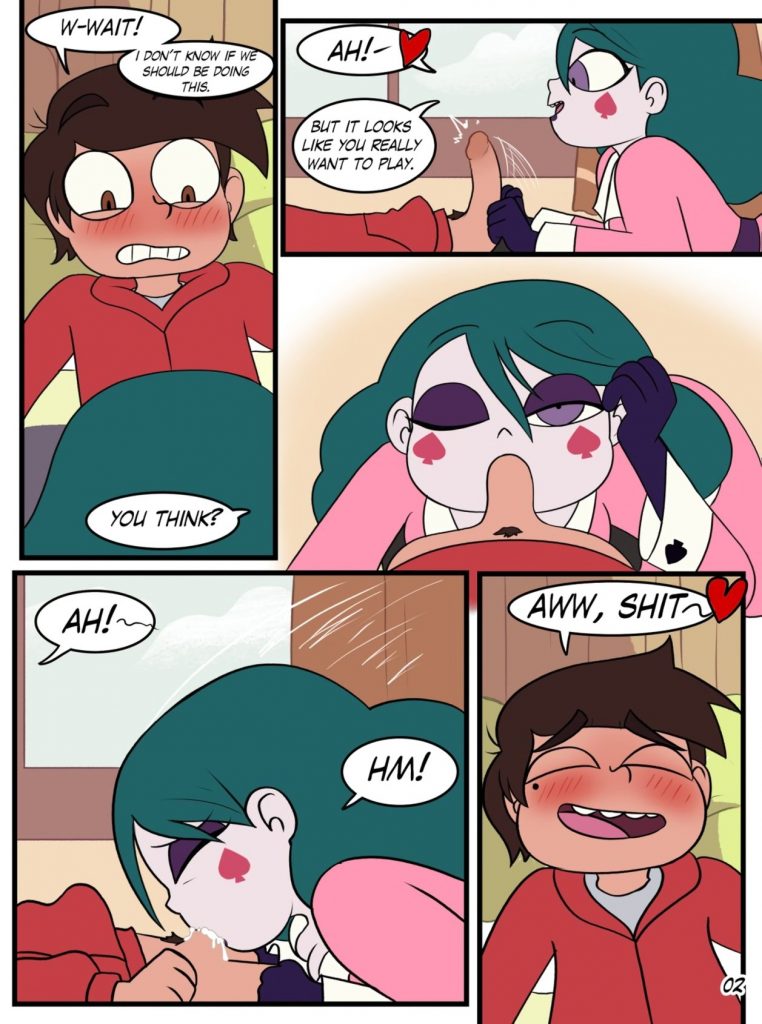 1boy 1girl 2_girls 2d 2d_(artwork) 2d_artwork balls breasts cockblocked comic cum cum_in_mouth cum_inside drpizzaboi eclipsa_butterfly fellatio inkershike male marco_diaz nipples oral penis smile star_vs_the_forces_of_evil surprise surprised surprised_expression