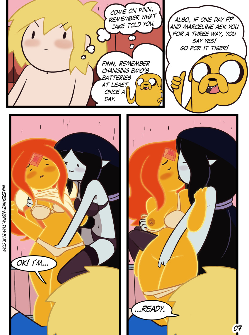 1boy 1girl 2_girls 2d 2d_(artwork) 2d_artwork adventure_time black_hair blush blush_lines blushed blushing_at_viewer blushing_female blushing_profusely bra cartoon_network comic dialogue drpizzaboi english english_dialogue english_text fingering finn_the_human fire_humanoid flame_princess groping inkershike jake_the_dog kissing male marceline nipples shirtless speech_bubble speech_bubbles text vampire yuri