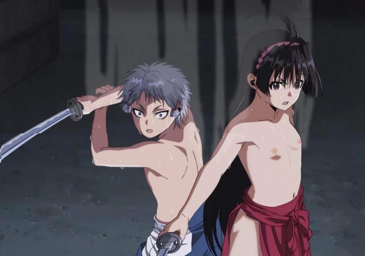 1boy 1girl black_hair edit grey_hair hakama_pants holding_sword long_hair mochizuki_ayako nekom14 nezu_kojirou nige_jouzu_no_wakagimi nipples no_bra pink_headband red_eyes screencap short_hair sweating swords topless weapons