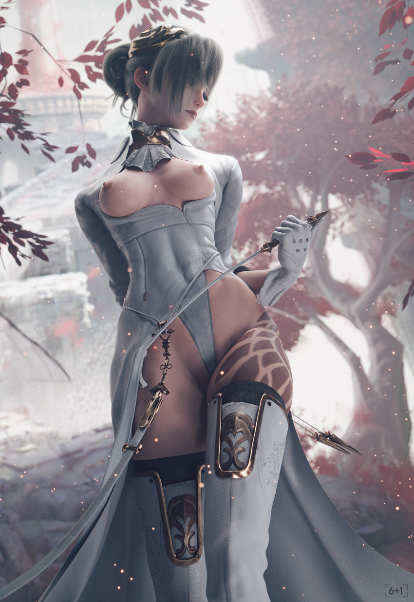 1girl 1girl 1girl 3d 3d_(artwork) absurd_res akeha akeha_(nier_reincarnation) areola black_hair blade curvy curvy_figure exposed_breasts female_only gloves hair_bun hair_ornament high_res leotard_under_clothes light-skinned_female nier nier_(series) nier_reincarnation nipples sixplusone solo_female stockings tattoo thick_thighs white_dress wide_hips