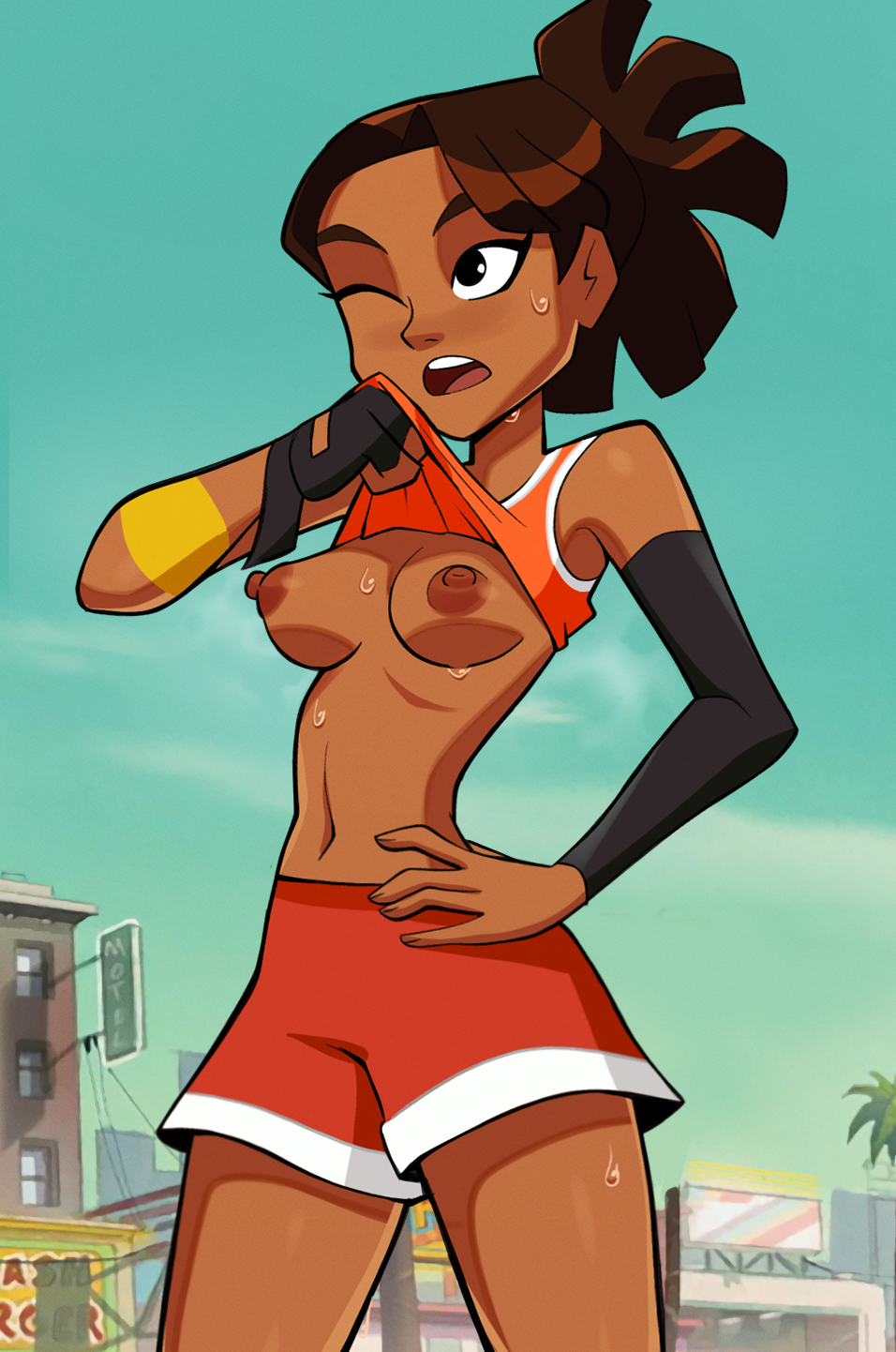 1girl 1girl 1girls 2023 airing_out areola armwear athletic_female baskup belly_button black_eyes bottomwear breasts breasts_out brown_hair clothed clothed_female clothes clothing cooling_off crop_top dark-skinned_female dark_nipples dark_skin exposed_breasts fingerless_gloves fit_female front_view gloves hair hand_on_hip handwear heat_(temperature) human latina legs_apart medium_breasts medium_hair mia_rodriguez midriff navel newguy1091 nipples one_eye_closed open_mouth outside partially_clothed ponytail presenting presenting_breasts puffy_nipples shirt shirt_lift shirt_up shorts standing stomach sweat sweatdrop sweating sweaty_breasts tank_top tank_top_lift teeth thighs topwear