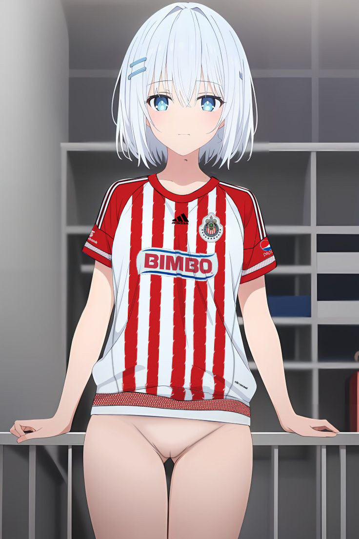 ai_generated blue_eyes bottomless chivas date_a_live grey_hair looking_at_viewer medium_hair nekom14 no_panties no_pants pussy soccer_jersey tobiichi_origami