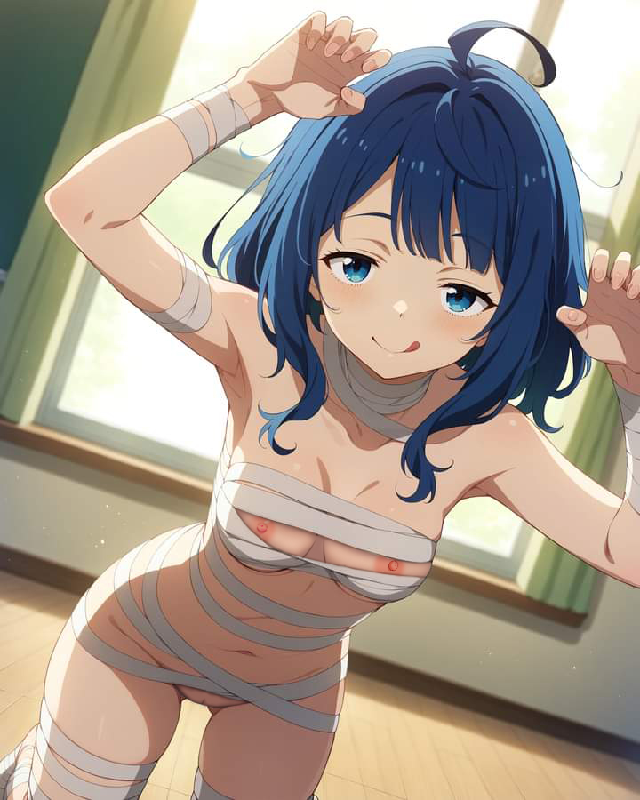 arms_up bandages blue_eyes blue_hair halloween_costume looking_at_viewer make_heroine_ga_oo_sugiru! medium_breasts nekom14 nipple_slip nipples no_panties pussy tongue_out yanami_anna