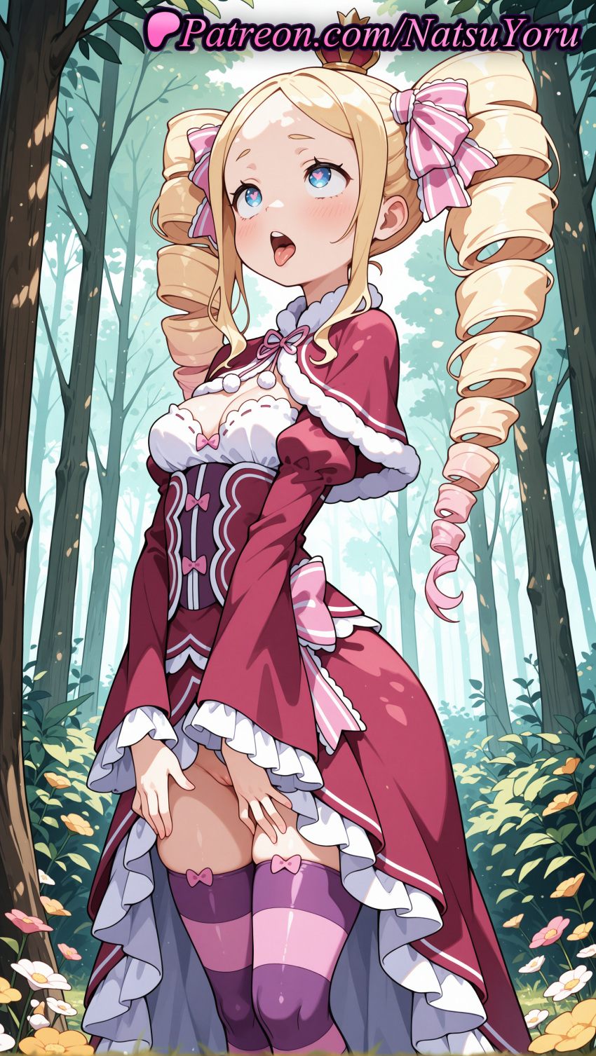 2025 ahegao ai_assisted ai_generated anime anime_style beatrice_(re:zero) big_breasts blonde_hair blue_eyes blush bow breasts bush bust capelet cleavage crown day dress dress_lift drill_hair feet_out_of_frame female_focus female_solo flower forest frilled_dress frills fur-trimmed_capelet fur_trim gradient_hair hair_ribbon heart heart-shaped_pupils hentai high_quality high_res high_resolution long_hair long_sleeves mini_crown multicolored_hair natsuyoru nature no_panties open_mouth outside patreon pink_bow pink_hair pink_ribbon pink_thighhighs purple_thighhighs pussy pussy_peek re:zero_kara_hajimeru_isekai_seikatsu red_capelet red_dress ribbon saliva sidelocks small_breasts stable_diffusion standing stockings striped striped_clothes striped_thighhighs symbol-shaped_pupils teeth tongue tongue_out tree twin_drills twin_tails uncensored underwear voluptuous voluptuous_female wide_sleeves