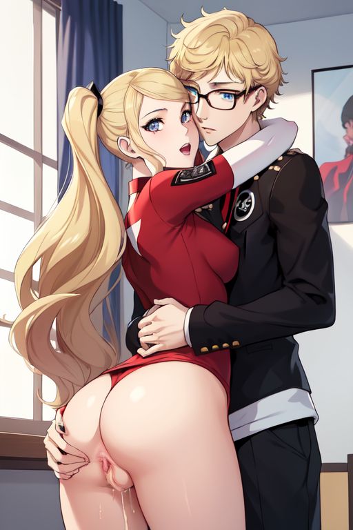 1boy 1girl ai_generated ann_takamaki arm_around_neck ass blonde_hair blue_eyes couple cum cum_in_pussy glasses hands_on_ass marvin_harris original_character persona_5 pussy