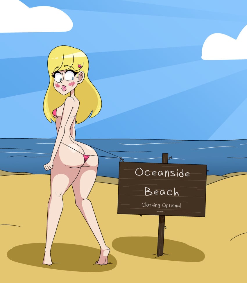 1girl 1girl ass ass bikini bikini_bottom bikini_bottom_pull bikini_pull bikini_top blonde_female blonde_hair blush clothing_optional embarrassed female_focus female_only ocean solo_female solo_focus strawberriexe thong veronica_(strawberriexe) wardrobe_malfunction