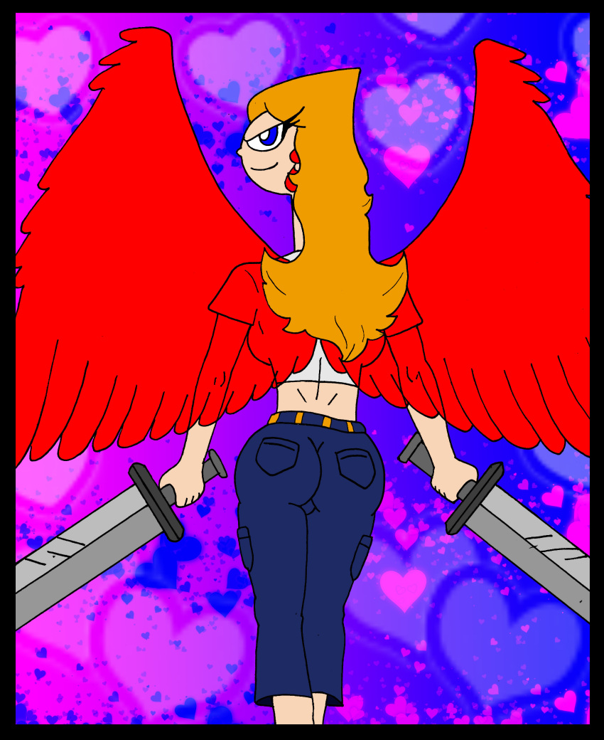 1girl 1girl ass behind_view big_breasts blue_eyes candace_flynn clothing disney disney_channel female_only ferozyraptor jeans looking_at_viewer orange_hair phineas_and_ferb sword wings