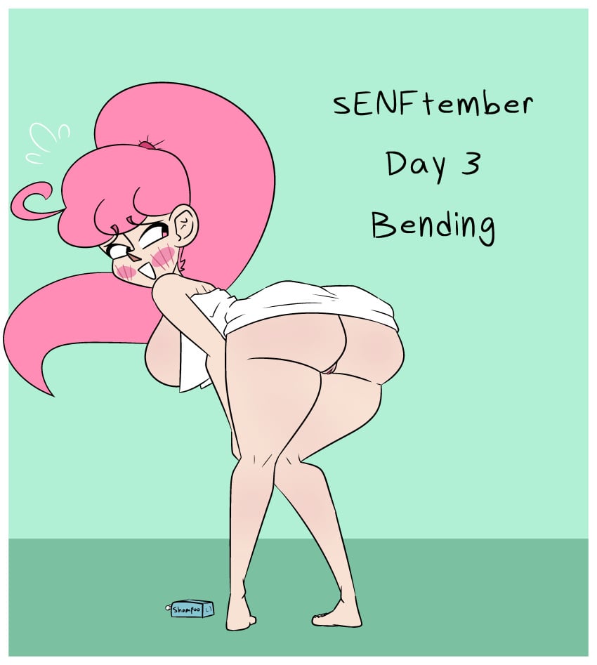 1girl 1girl ass bent_over female_only pink_hair pink_hair_female ponytail pussy sideboob smile strawberriexe towel white_blue_background