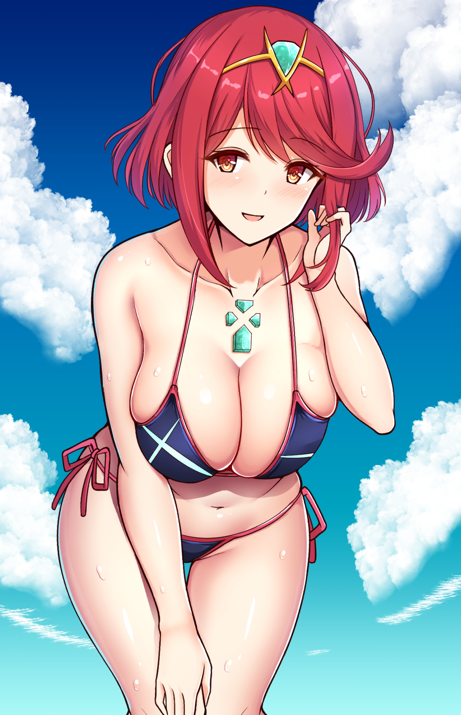 1girl 1girl 1girl alluring ass_visible_through_thighs bent_over big_breasts bikini black_bikini blush choker cleavage cloud collarbone earrings feet_out_of_frame female_only hand_on_own_ass hand_on_own_knee hanging_breasts heroine high_res jewelry long_hair looking_at_viewer milf nintendo noeomi open_mouth outside pyra red_hair short_hair side-tie_bikini sky smile standing swimsuit thighs tiara wet xenoblade_(series) xenoblade_chronicles_2