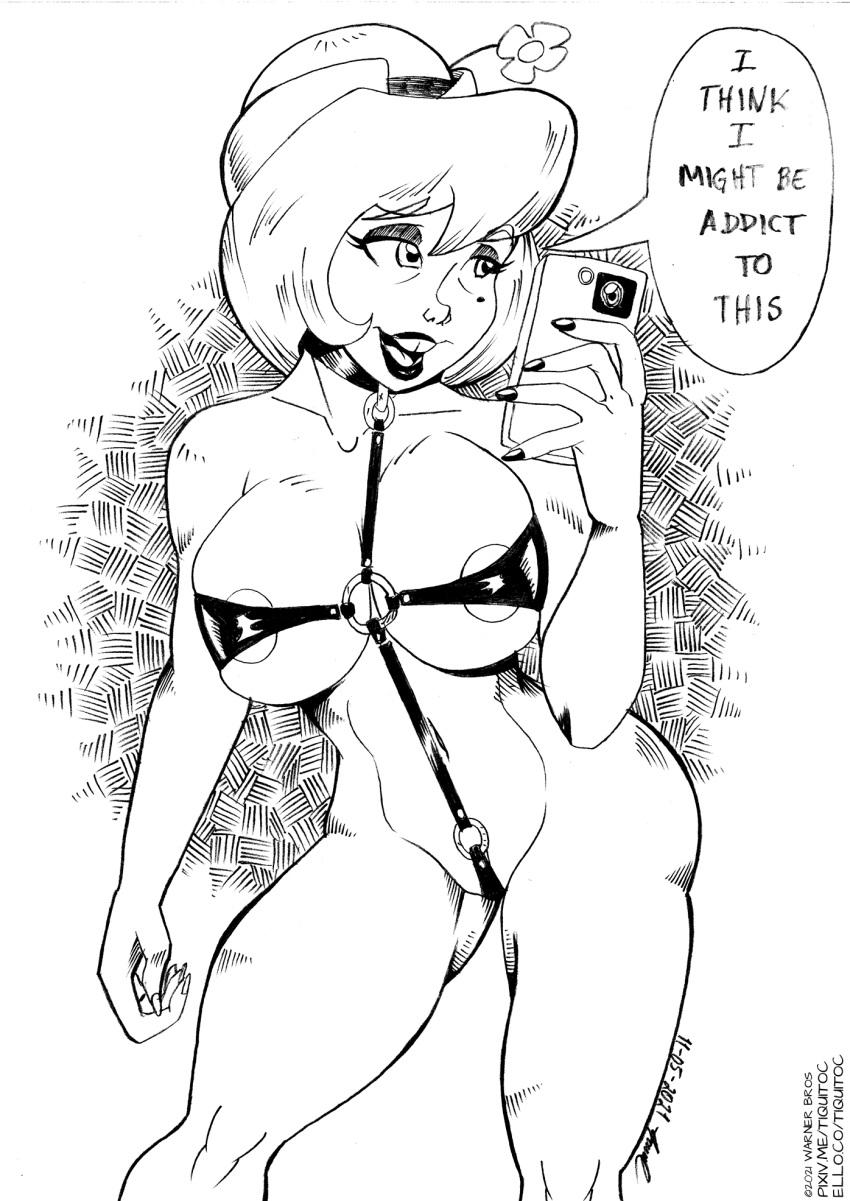 1girl 2021 animaniacs areola beauty_mark big_breasts bowler_hat buckteeth collar dated english_text eyeshadow fingernails flower_on_hat gilf graphite_(medium) grin hourglass_figure humanization humanized leather_straps lipstick medium_hair monochrome nail_polish ring selfpic signature simple_background slappy_squirrel sling_bikini smartphone speech_bubble standing tiquitoc traditional_media url warner_brothers wide_hips