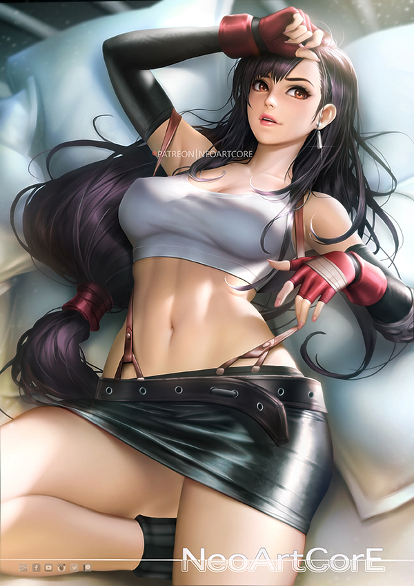 1girl asymmetrical_bangs bangs bare_legs bare_shoulders big_breasts black_hair breasts brown_eyes collarbone earrings female_only female_solo final_fantasy final_fantasy_vii jewelry legs lips lipstick long_hair looking_at_viewer low-tied_long_hair makeup midriff navel neck neoartcore open_mouth pink_lipstick smile square_enix thick_thighs thighs tied_hair tifa_lockhart very_long_hair