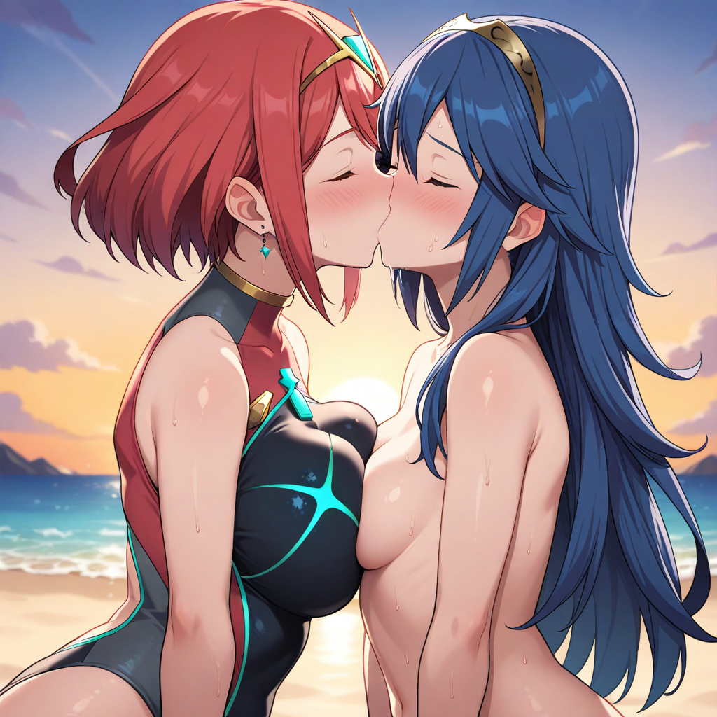 2girls ai_generated beach big_breasts blue_hair blush closed_eyes clothed_female_nude_female crossover fire_emblem fire_emblem_awakening fire_emblem_warriors kissing long_hair lucina lucina_(fire_emblem) multiple_girls nightcore_(artist) nintendo pyra pyra_(pro_swimmer)_(xenoblade) red_hair short_hair small_breasts sunset xenoblade_(series) xenoblade_chronicles_2 yuri