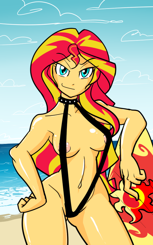 1girl 1girls beach bikini cyan_eyes equestria_girls friendship_is_magic human long_hair multicolored_hair my_little_pony nipples older older_female reiduran sling_bikini sunset_shimmer swimsuit water yellow_skin young_adult young_adult_female young_adult_woman