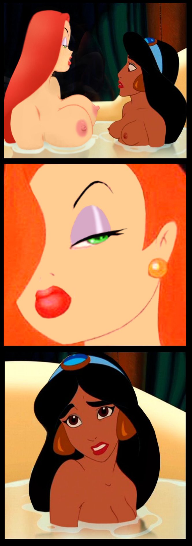 2_girls 3koma aladdin_(1992_disney_film) aladdin_(series) arabian_female bath bathing black_eyes black_hair breast_envy breasts brown_eyes closed_mouth comic crossover dark-skinned_female dark_skin disney duo earrings eye_contact eyeshadow female_only green_eyes hair_over_one_eye head_tilt huge_breasts indoors jessica_rabbit jewelry lips lipstick long_hair looking_at_another looking_at_viewer makeup medium_breasts multiple_girls neck nervous nipples nude nude_female orange_hair parted_lips princess princess_jasmine purple_eyeshadow red_hair red_lipstick scary serious shared_bathing straight_hair upper_body water wet who_framed_roger_rabbit