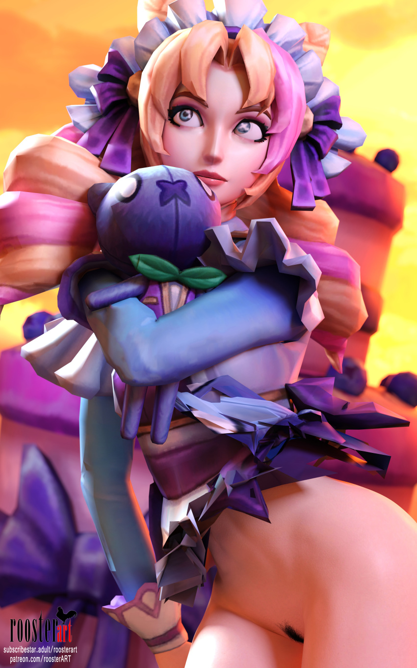 1girl 3d 3d_(artwork) female_pubic_hair gwen_(league_of_legends) league_of_legends looking_up no_panties partially_clothed patreon pussy roosterart solo_female standing teddy_bear video_game video_game_character video_game_franchise