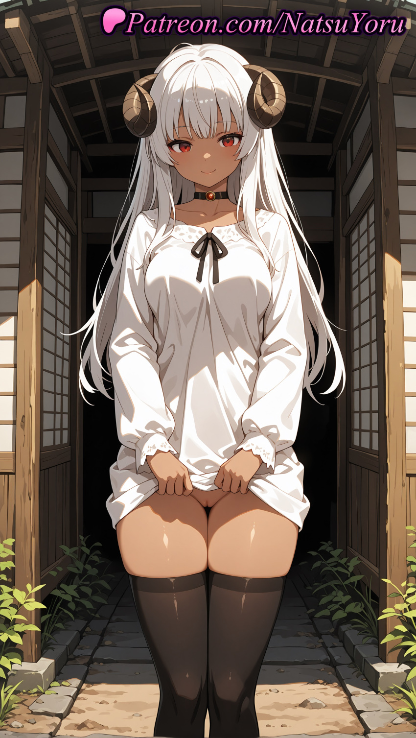 1girl 1girls 2025 ai ai_assisted ai_generated anime anime_style architecture ass_visible_through_thighs bangs big_breasts black_choker black_legwear black_ribbon black_thighhighs blouse blush bottomless breasts bust chiyu_mahou_no_machigatta_tsukaikata choker cleft_of_venus closed_mouth clothes_lift collarbone curled_horns dark-skinned_female dark_skin day dress dress_lift east_asian_architecture feet_out_of_frame felm female_focus female_only frills hentai high_quality high_res high_res high_resolution horns lifted_by_self long_hair long_sleeves looking_at_viewer medium_breasts natsuyoru no_panties non-asian outside paipan panties patreon puffy_long_sleeves puffy_sleeves pussy pussy red_eyes ribbon sheep_horns shirt skindentation smile solo_female stable_diffusion standing stockings thigh_gap thighs uncensored voluptuous voluptuous_female white_dress white_hair white_shirt
