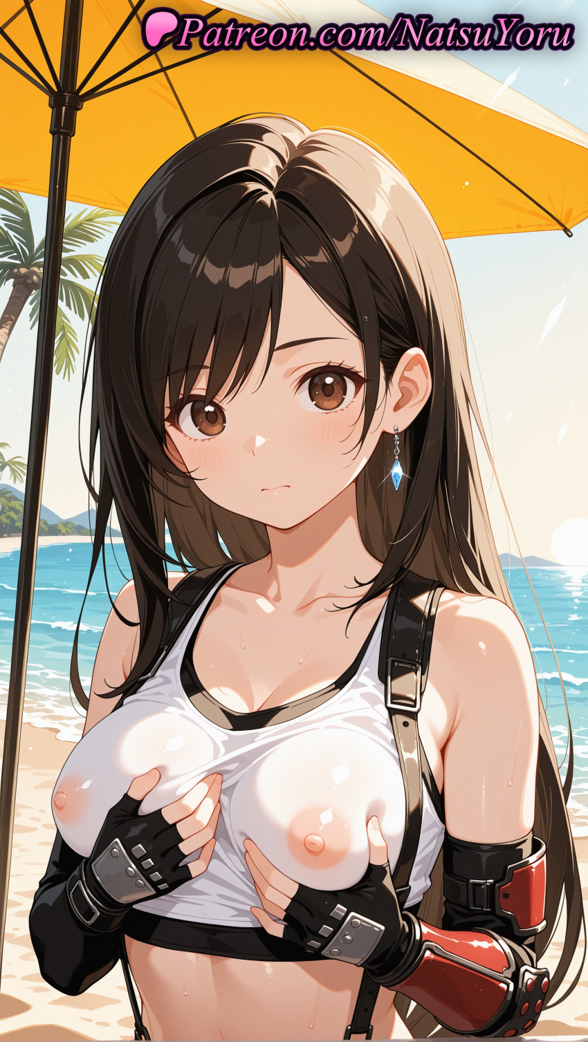 1girl 1girl 1girls 2025 ai ai_assisted ai_generated anime anime_style arm_guards bangs bare_shoulders beach beach_umbrella big_breasts big_breasts black_gloves black_hair black_sports_bra blush breasts brown_eyes brown_hair bust cleavage closed_mouth clothing collarbone cover covered_nipples crop_top dangle_earrings day earring earrings elbow_gloves elbow_pads female_focus female_only female_solo final_fantasy final_fantasy_vii final_fantasy_vii_remake fingerless_gloves fingernails gloves grabbing_own_breast hentai high_quality high_res high_res high_resolution jewelry long_hair looking_at_viewer medium_breasts midriff natsuyoru navel nipples nipples_outside ocean outside palm_tree patreon pool sand see-through shirt sky sleeveless sleeveless_shirt solo_female sports_bra stable_diffusion suspenders sweat swept_bangs tank_top taut_clothes taut_shirt tifa_lockhart tree umbrella uncensored_nipples upper_body vambraces voluptuous voluptuous_female water wet wet_clothes wet_shirt white_tank_top