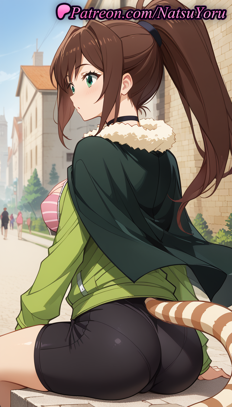 1girl 1girl 1girls 2025 ai ai_generated anime anime_style asian ass ass back bangs big_breasts big_breasts bike_shorts black_choker black_shorts blush breasts brown_hair building bust cape choker closed_mouth covered_nipples day female_focus female_only from_behind fur_collar fur_trim green_cape green_eyes green_jacket hentai high_ponytail high_quality high_res high_res high_resolution jacket juicy_butt kono_subarashii_sekai_ni_shukufuku_wo! long_hair long_sleeves looking_at_viewer looking_back natsuyoru outside pantylines patreon ponytail rin_(konosuba) scrunchie shirt shorts sidelocks sitting solo_female solo_focus stable_diffusion striped striped_clothes striped_tail tail thighs tiger_tail underwear voluptuous voluptuous_female zipper