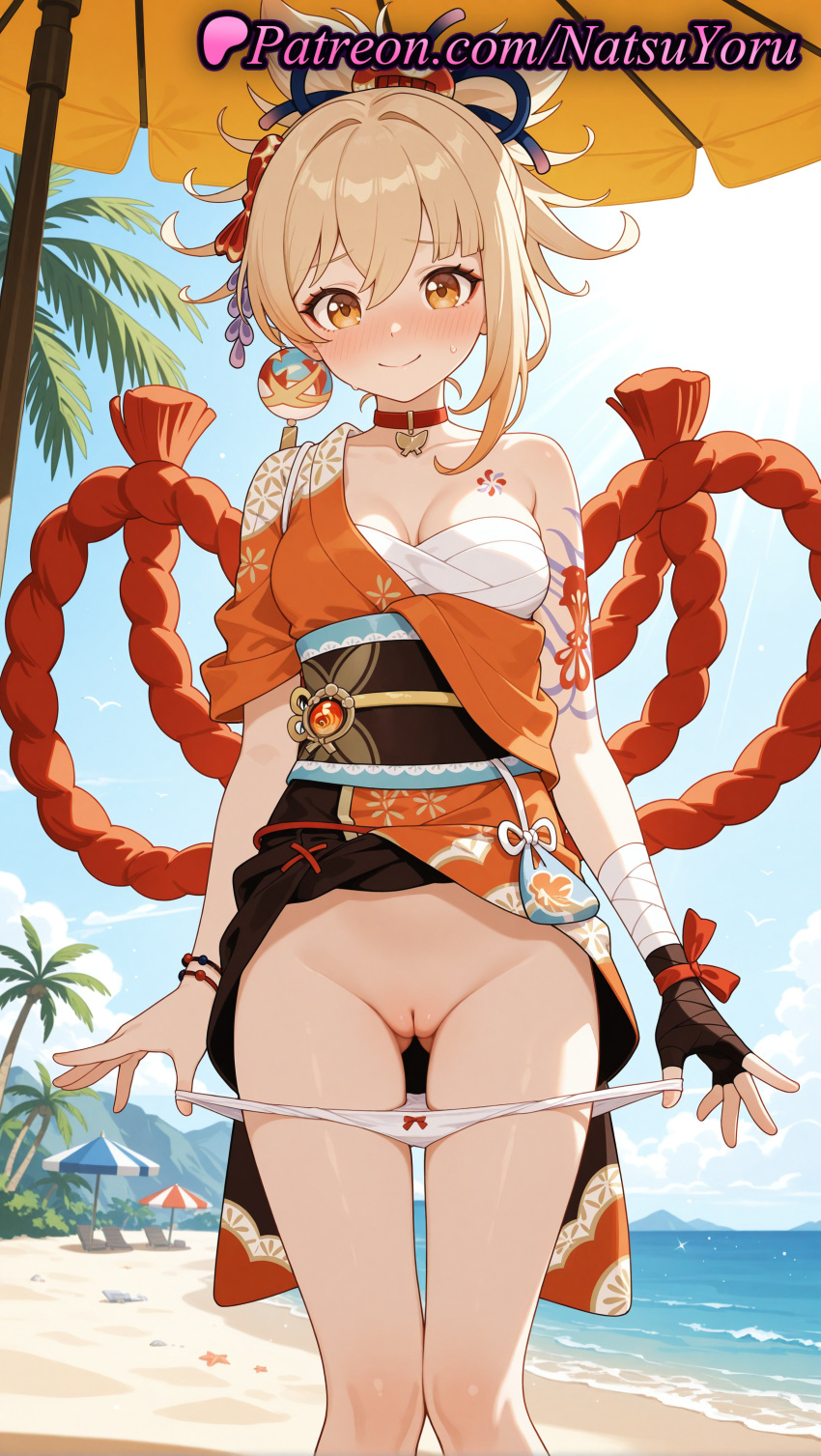1girl 2025 ai_generated anime anime_style arm_tattoo asian ass_visible_through_thighs bandaged_arm bandaged_wrist bandages bangs beach beach_umbrella big_breasts black_gloves black_sash blonde_hair blue_sky blush bow bow_panties bracelet breasts bust chest_sarashi chest_tattoo choker cleavage cleft_of_venus closed_mouth clothes_lift cloud collarbone day feet_out_of_frame female_focus female_only female_solo fingerless_gloves flower_tattoo genshin_impact gloves hadanugi_dousa hair_between_eyes hair_ornament hentai high_quality high_res high_resolution japanese_clothes jewelry kanzashi kimono kinchaku looking_at_viewer medium_breasts mountainous_horizon natsuyoru navel nose_blush obi ocean orange_eyes orange_kimono outside palm_tree panties panties_down panty_pull patreon pendant_choker ponytail pulled_by_self pussy red_choker rope sand sarashi sash shimenawa single_bare_shoulder single_fingerless_glove single_glove sky smile solo_female stable_diffusion standing tattoo thigh_gap thighs tree umbrella uncensored underwear vision_(genshin_impact) voluptuous voluptuous_female water white_panties yellow_eyes yoimiya_(genshin_impact)