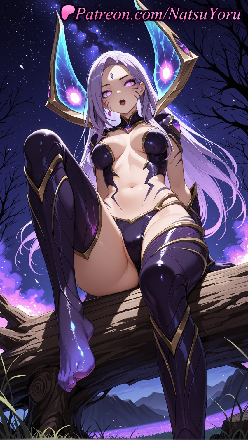 1girl 1girl 1girls 2025 ai ai_assisted ai_generated anime anime_style armor artist_name bangs bare_tree big_breasts big_breasts bikini_armor boots branch breasts breasts_apart bust cameltoe cleavage earrings facepaint facial_mark feet female_focus female_only female_solo foot_fetish foot_out_of_frame forehead_jewel from_below gloves glowing glowing_eyes hentai high_quality high_res high_res high_resolution jewelry kai'sa knee_up league_of_legends league_of_legends:_wild_rift legs lips long_hair looking_at_viewer makeup medium_breasts milky_way natsuyoru navel night night_sky no_shoes non-asian open_mouth outside parted_bangs patreon pink_eyes purple_eyes purple_hair purple_panties purple_thighhighs revealing_clothes riot_games shoulder_armor sitting sitting_in_tree sky solo_female stable_diffusion star_(sky) starry_sky stockings stomach teeth thighs toenails toes tree underwear voluptuous voluptuous_female whisker_markings