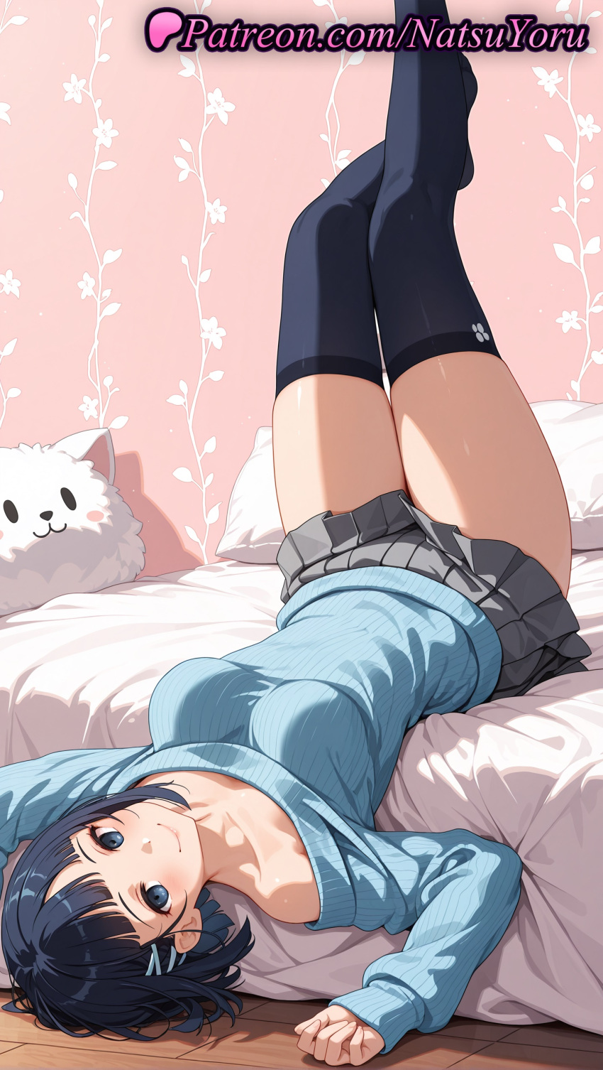 1girl 1girl 1girls 2025 ai ai_assisted ai_generated anime anime_style bangs bare_shoulders bed big_breasts big_breasts black_eyes black_hair black_legwear black_thighhighs blue_eyes blue_hair blue_sweater blush breasts bust closed_mouth collarbone female_focus female_only grey_skirt hair_ornament hairclip hentai high_quality high_res high_res high_resolution indoors legs_up long_sleeves looking_at_viewer lying medium_breasts miniskirt natsuyoru no_shoes off-shoulder_sweater off_shoulder on_back on_bed patreon pillow pleated_skirt ribbed_sweater sachi_(sao) short_hair single_bare_shoulder skirt sleeves_past_wrists smile solo_female stable_diffusion stockings stuffed_animal stuffed_toy sweater sword_art_online thighs upside-down voluptuous voluptuous_female wooden_floor zettai_ryouiki