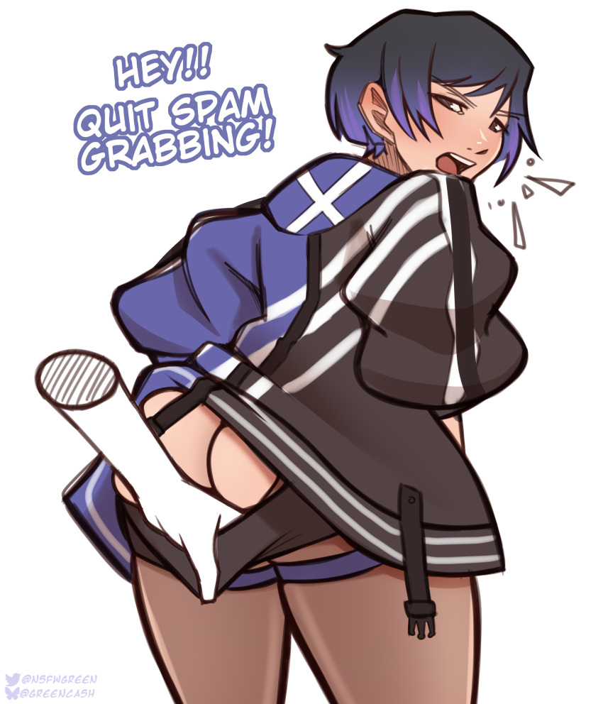1girl ass ass_cheeks black_and_purple_hair clothed dat_ass from_behind greencash looking_back mostly_clothed namco nsfwgreen pulling_down_pants reina reina_(tekken) reina_mishima tekken tekken_8 twitter x