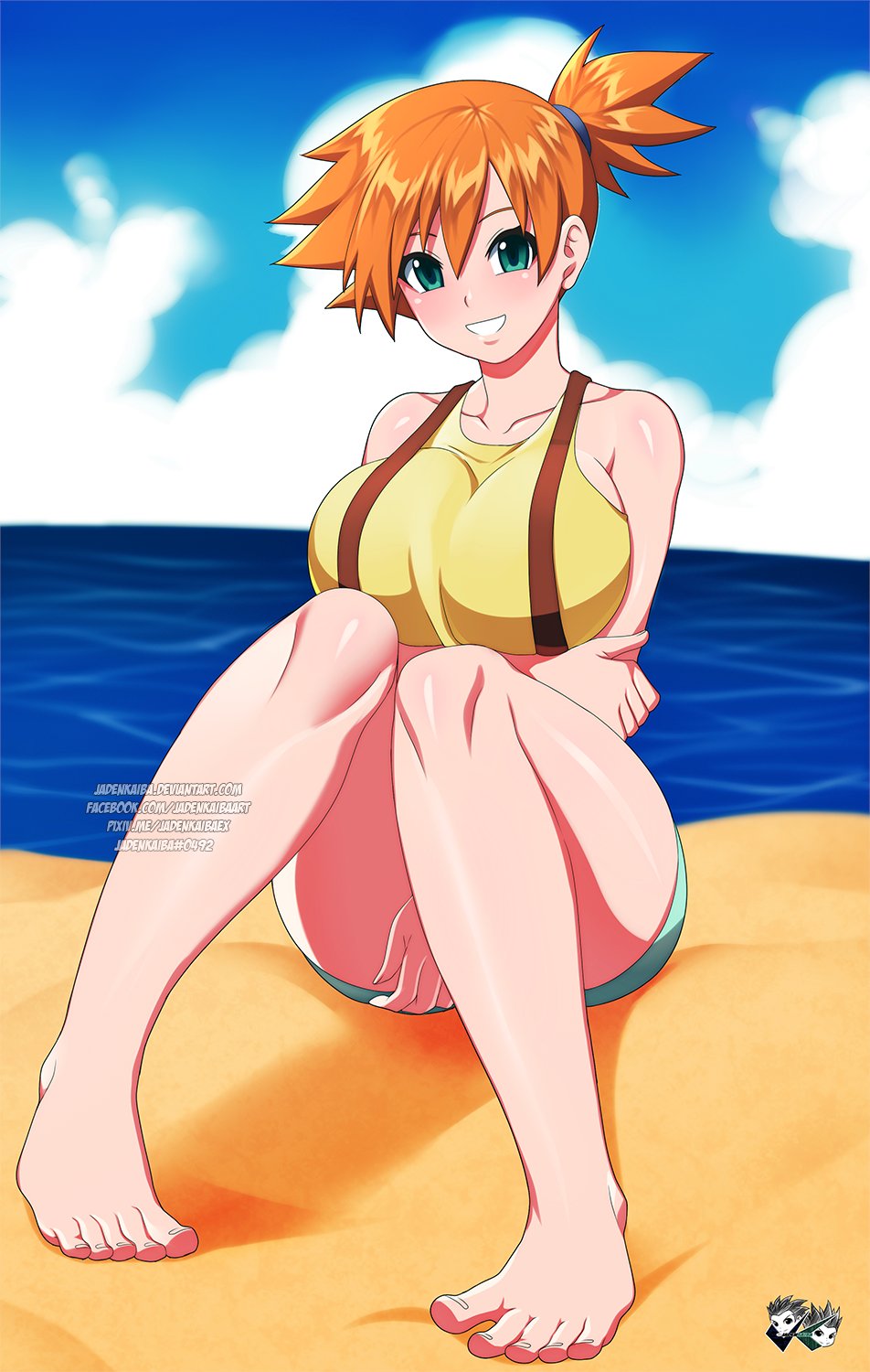 1girl 1girl adapted_costume alluring arm_under_breasts asymmetrical_hair bare_legs bare_shoulders barefoot beach between_legs big_breasts blush cloud collarbone creatures_(company) denim denim_shorts full_body game_freak green_eyes hair_between_eyes hair_tie hand_between_legs high_res horizon jadenkaiba knees_up legs looking_at_viewer misty misty_(pokemon) navel nintendo orange_hair pokemon pokemon_(anime) pokemon_(classic_anime) ponytail sand shiny_skin shirt shore short_hair short_ponytail short_shorts shorts side_ponytail simple_background sky smile suspenders tank_top teeth thick_thighs thighs toes water watermark web_address wide_hips yellow_shirt yellow_tank_top