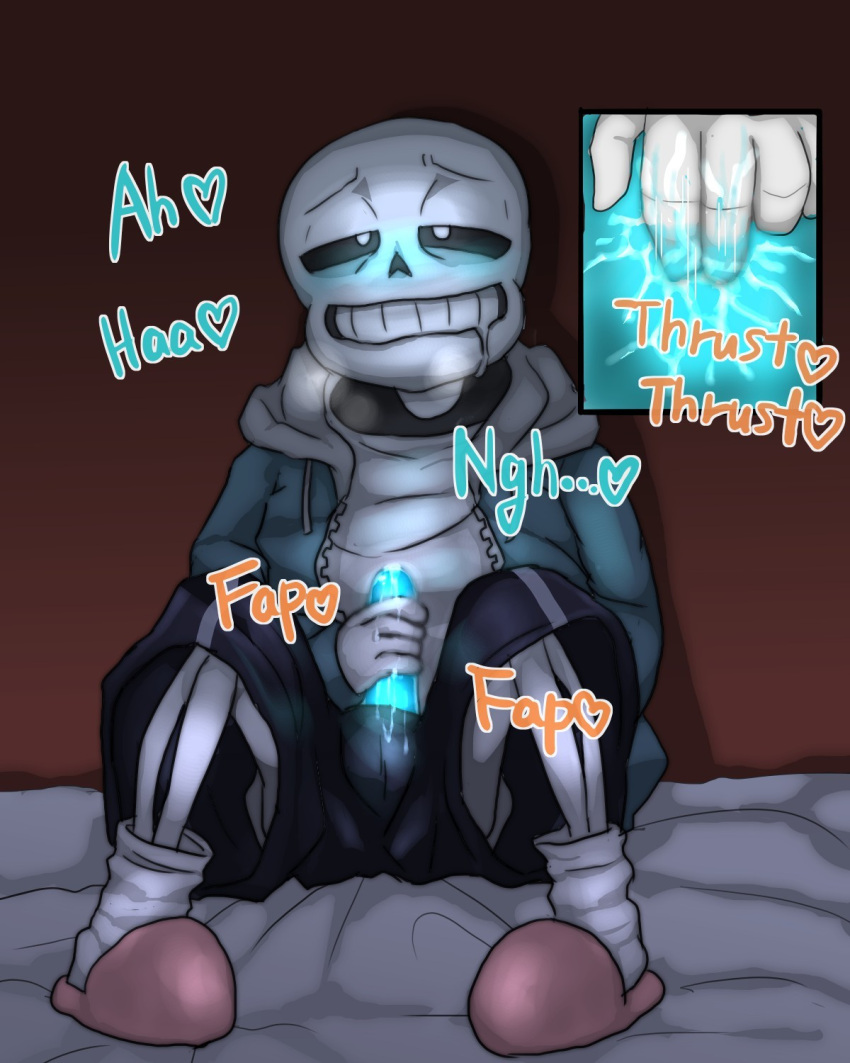 1boy 2017 2d anal anal_fingering animated_skeleton blue_blush blue_hoodie blue_jacket blue_penis blush clothed clothed_male clothing dark digital_media double_masturbation drooling ectoplasm fingering fingering_ass fingering_self fully_clothed genitals hood hooded_jacket hoodie humanoid indoors jacket looking_pleasured male male_masturbation male_moaning male_only masturbation mmmemmo moaning monster monster_boy onomatopoeia open_jacket penile penile_masturbation penis pink_slippers pleasure_face sans_(undertale) sitting skeleton slippers socks solo_male teeth undead undertale undertale_(series) video_game_character video_games zipper