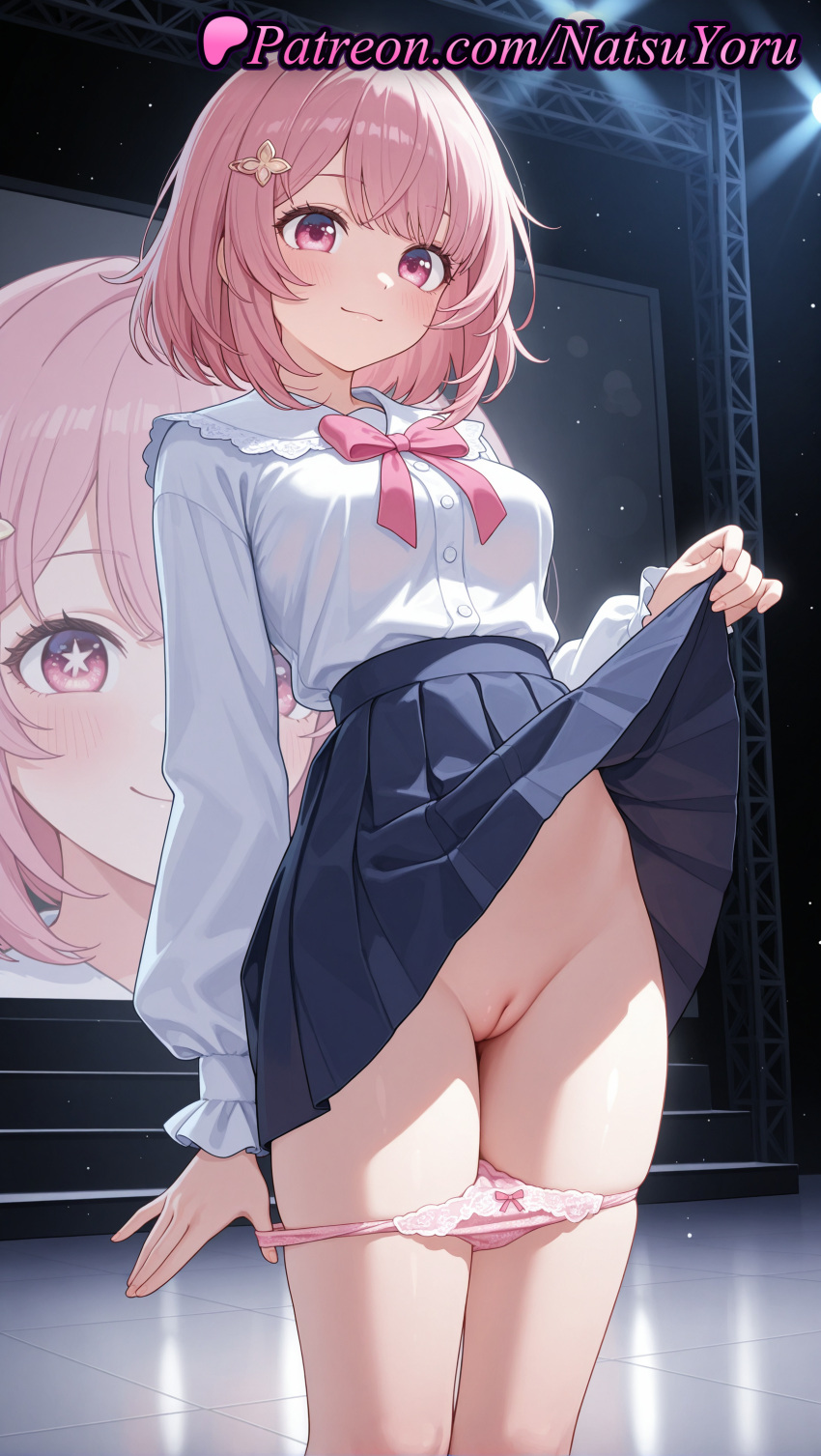 1girl ai_generated anime anime_style bangs big_breasts black_skirt blouse blue_skirt blush bob_cut bow bow_panties bowtie breasts bust buttons cleft_of_venus closed_mouth clothes_lift clothing female_focus fingernails flashing frills hair_clips hair_ornament hairclip hentai high-waist_skirt high_quality high_res high_resolution indoors kotobuki_minami lifted_by_self long_sleeves looking_at_viewer medium_breasts medium_hair natsuyoru neck_ribbon oshi_no_ko panties panties_down panty_pull patreon pink_bow pink_bowtie pink_eyes pink_hair pink_panties pink_ribbon pleated_skirt puffy_long_sleeves pulled_by_self pussy ribbon school_uniform screen shirt shirt_tucked_in short_hair skirt skirt_lift smile solo_focus spotlight stage stage_lights standing star-shaped_pupils star_(symbol) star_hair_ornament star_in_eye symbol-shaped_pupils symbol_in_eye thighs tile_floor tiles uncensored underwear undressing voluptuous voluptuous_female white_shirt