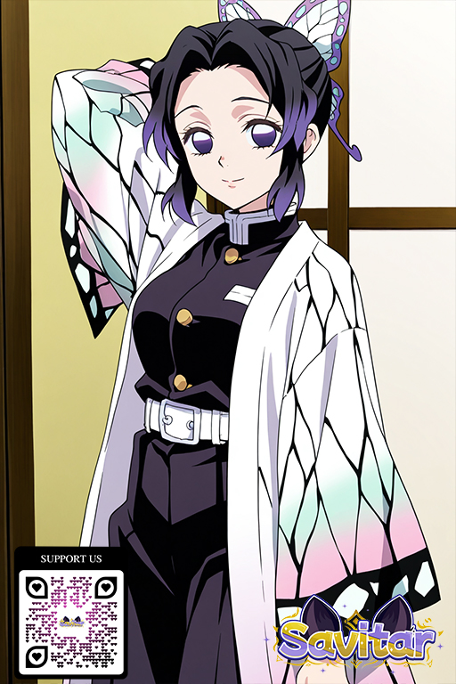 1girl 1girl 1girl ai_generated animal_print belt belt_buckle black_hair black_pants breasts buckle butterfly_hair_ornament butterfly_print closed_mouth clothing demon_slayer demon_slayer_uniform gradient_hair hair_ornament haori jacket japanese_clothes kimetsu_no_yaiba kochou_shinobu littlehentai long_sleeves looking_at_viewer multicolored_hair pants parted_bangs purple_eyes purple_hair savitar savitar_(artist) short_hair smile standing white_belt